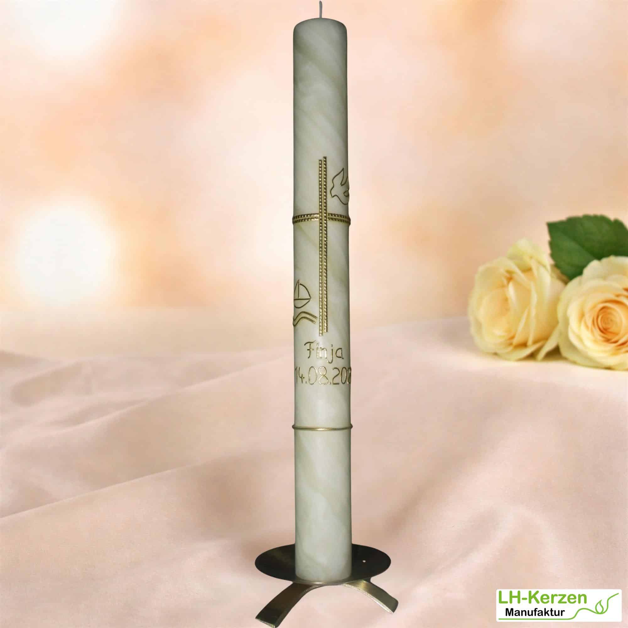 Taufkerze aus Bienenwachs mit goldenem Kreuz, Taube & Segelschiff – handverziert