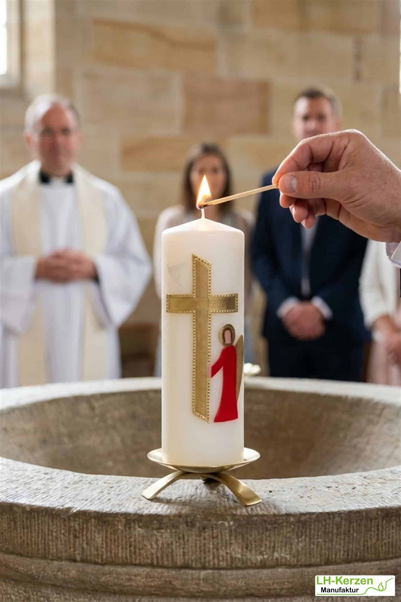 Taufkerze in Elfenbein mit Kreuz, Taube & Engel – handverziert, personalisierbar