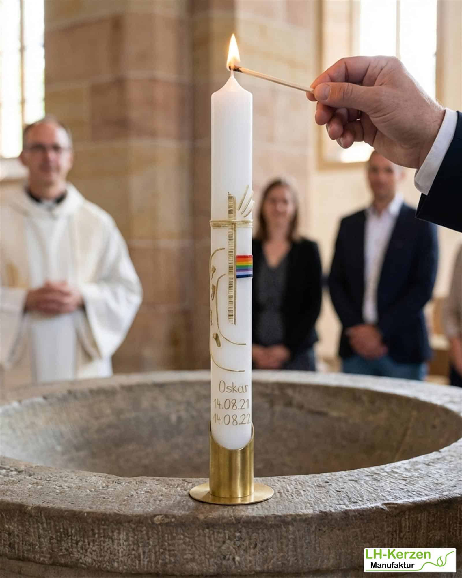 Taufkerze mit Regenbogen, Kreuz und Lebensweg in Elfenbein – handverziert & personalisierbar