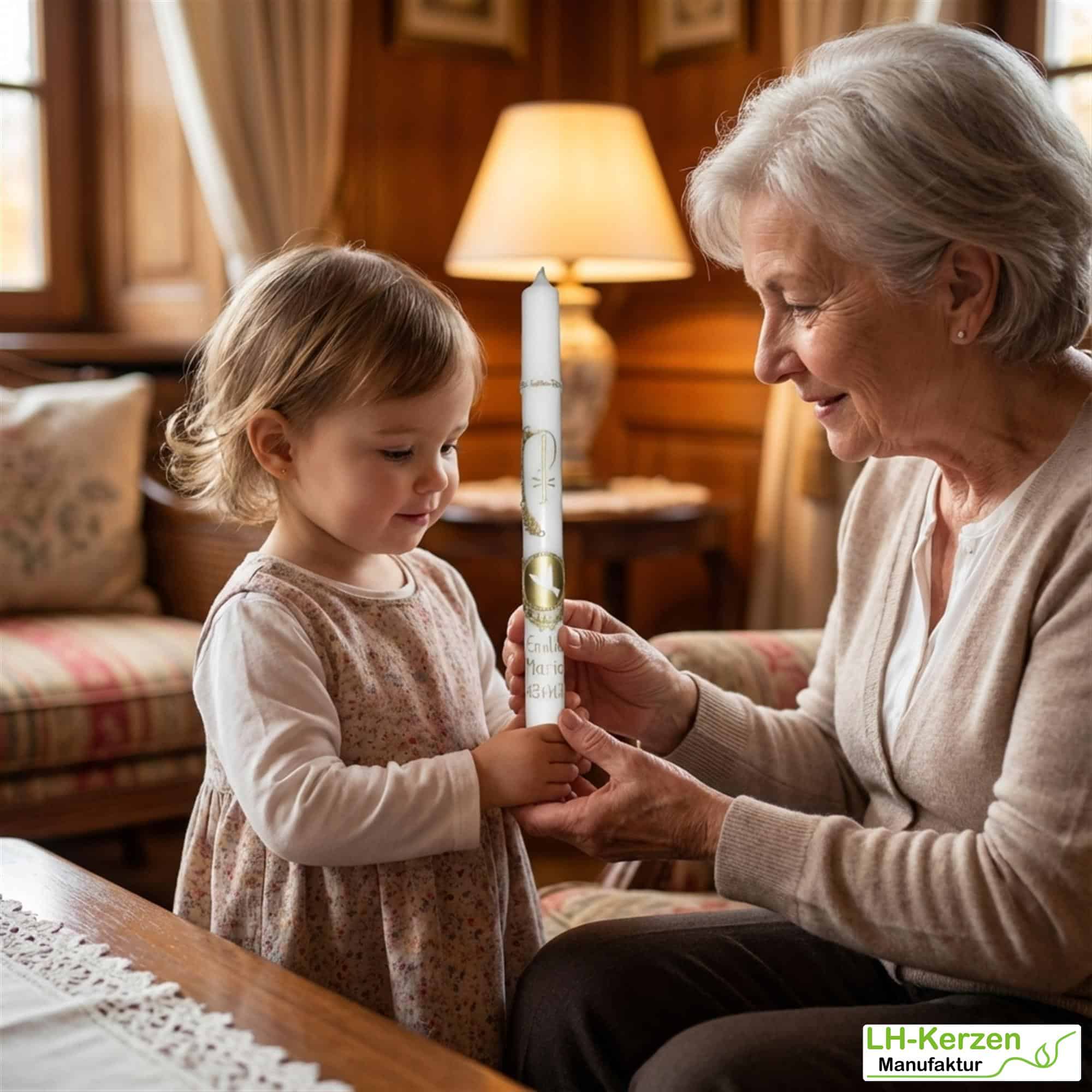 Extra schlanke Taufkerze mit Pax-Symbol, Taube und Olivenzweigen in Gold – mit Perlendetails