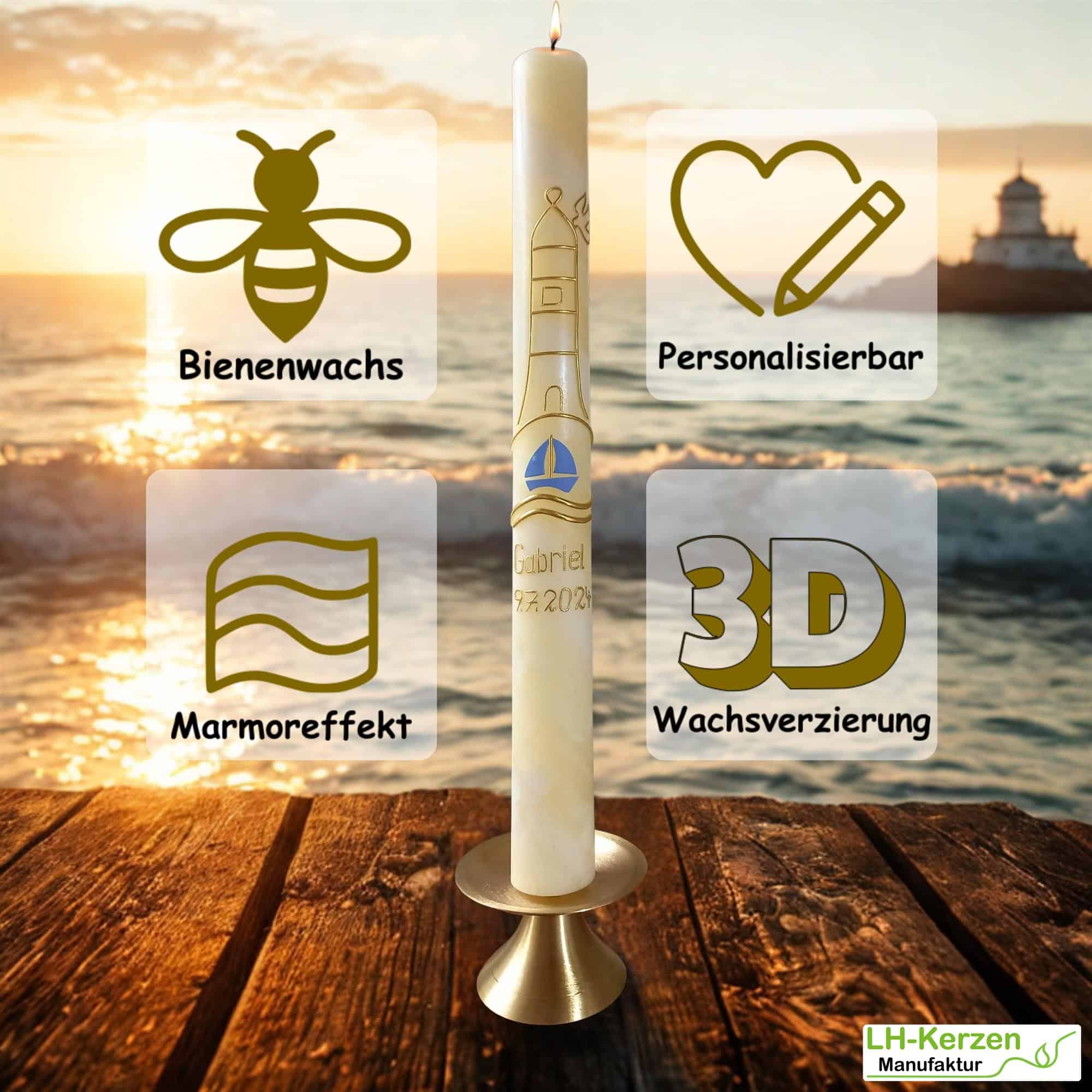 Taufkerze Bienenwachs mit Leuchtturm, Segelschiff & Taube – handgefertigtes Unikat