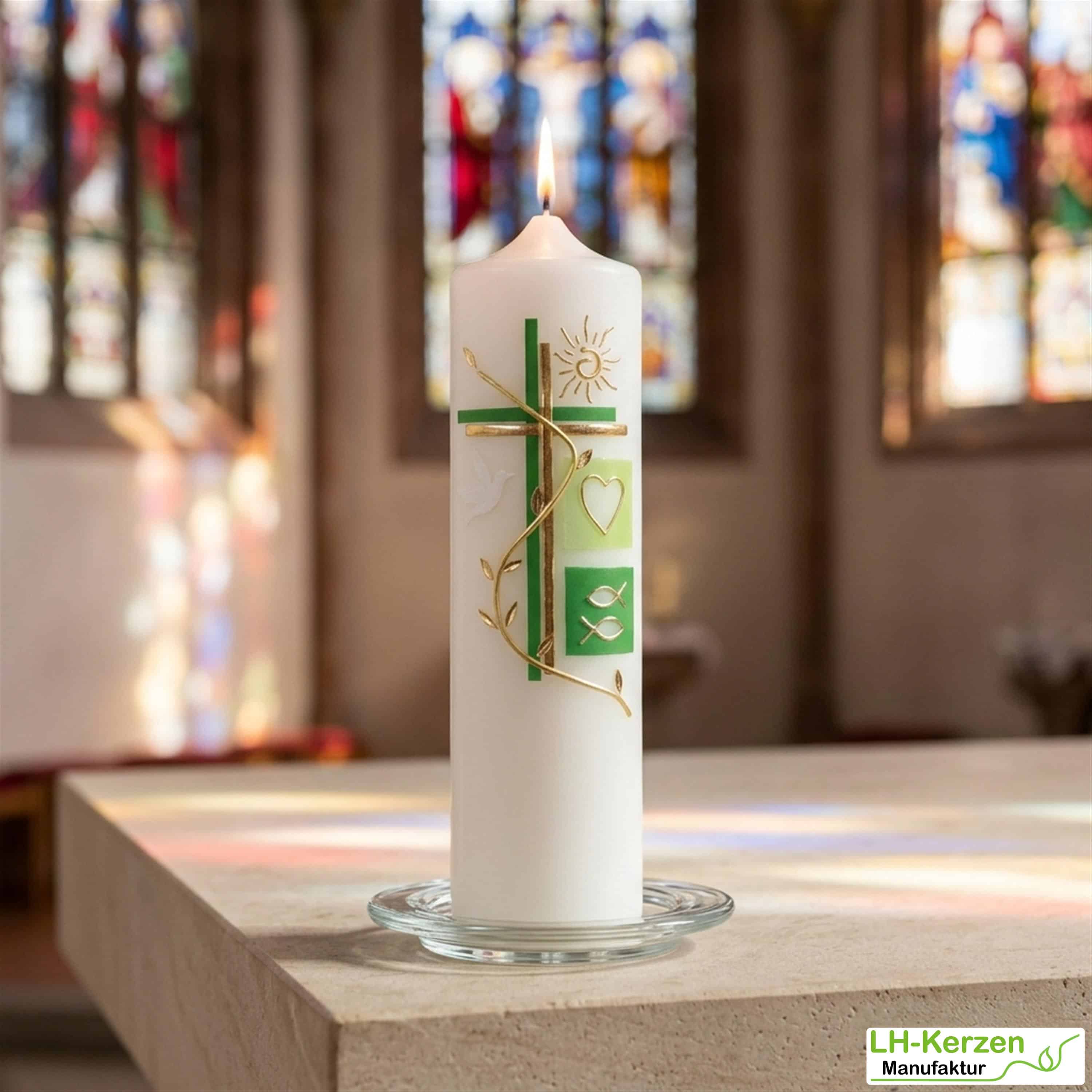 Taufkerze, Kerze zur Firmung grün-gold mit Kreuz, Ranke, Sonne und christlichen Symbolen