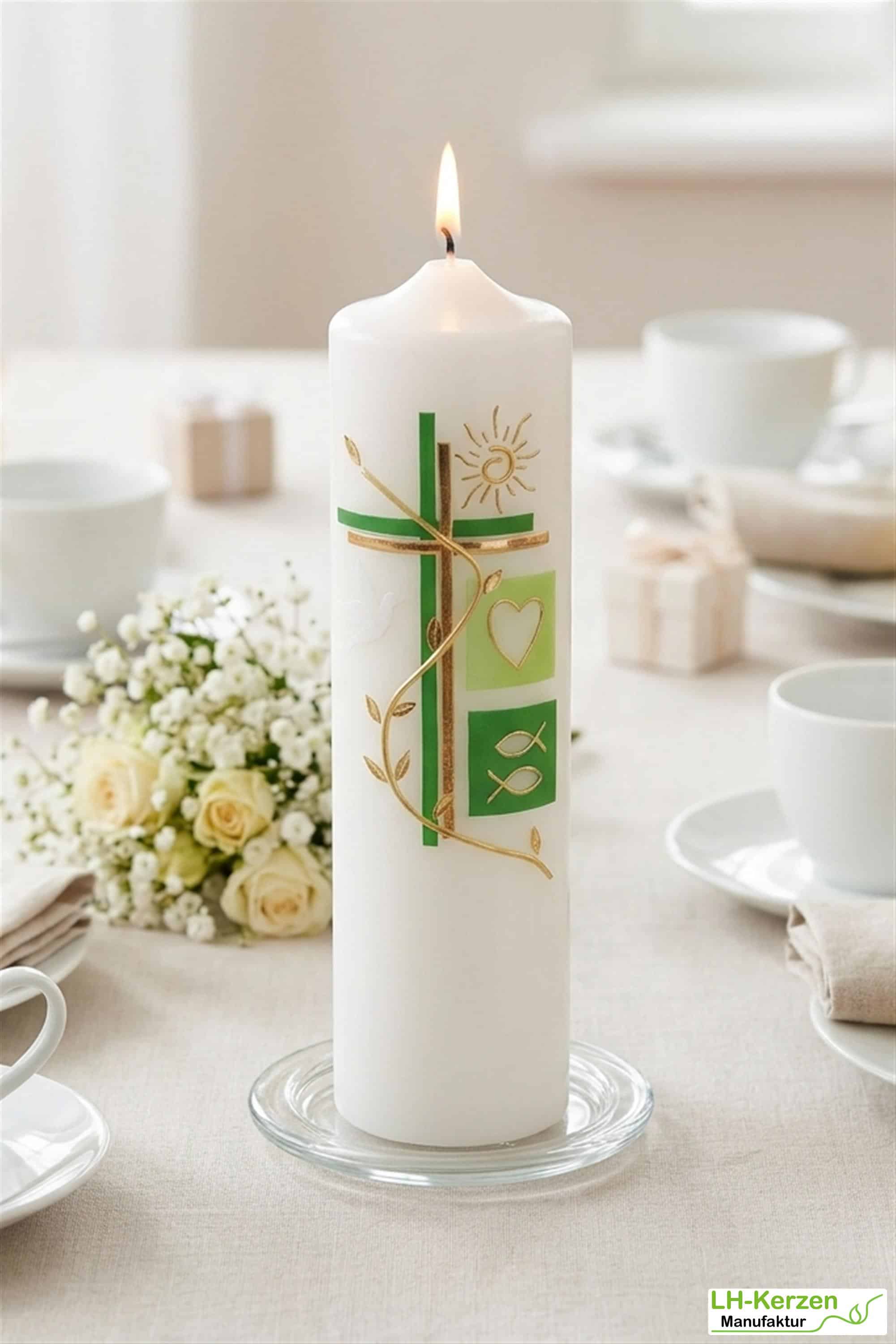 Taufkerze, Kerze zur Firmung grün-gold mit Kreuz, Ranke, Sonne und christlichen Symbolen