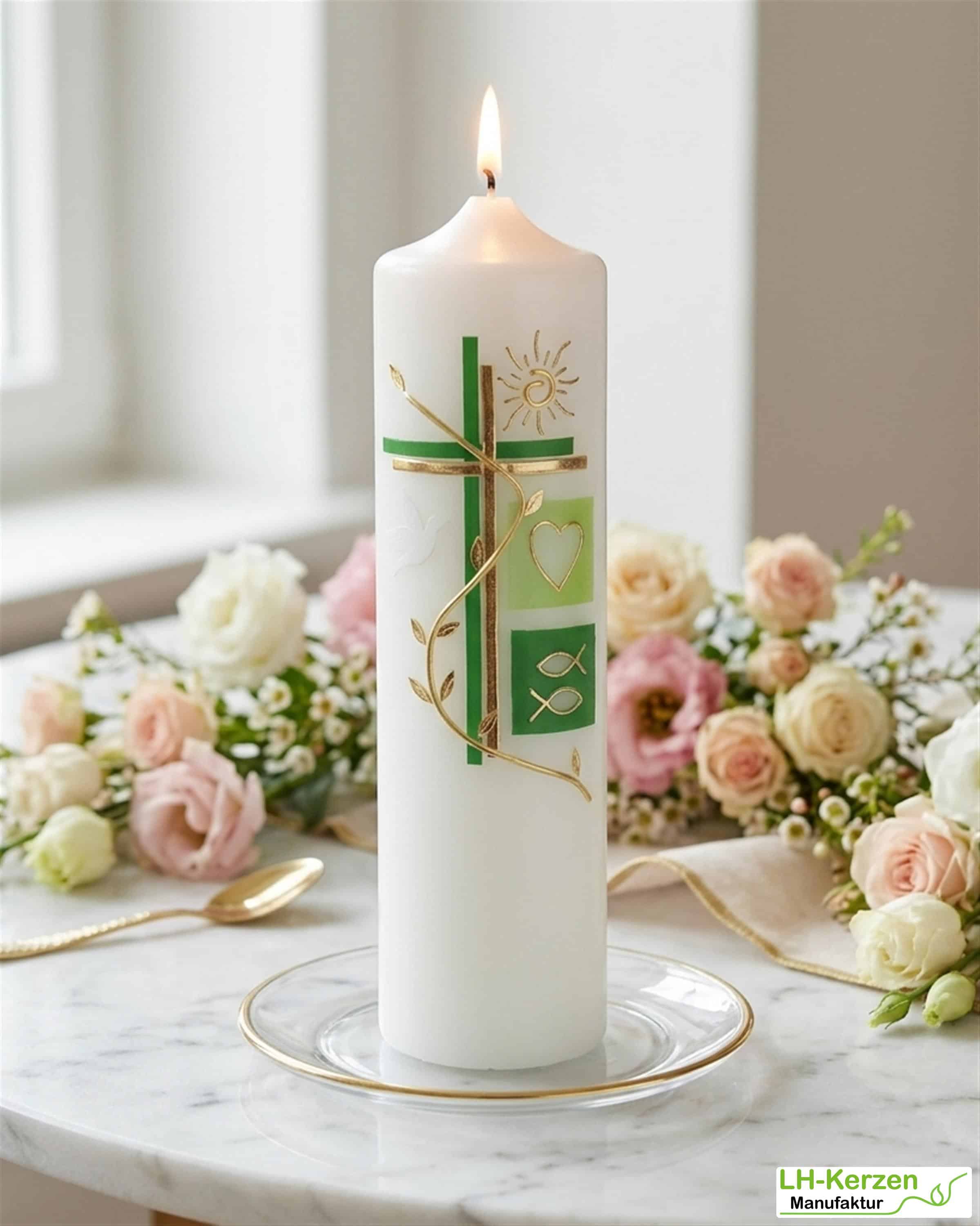 Taufkerze, Kerze zur Firmung grün-gold mit Kreuz, Ranke, Sonne und christlichen Symbolen