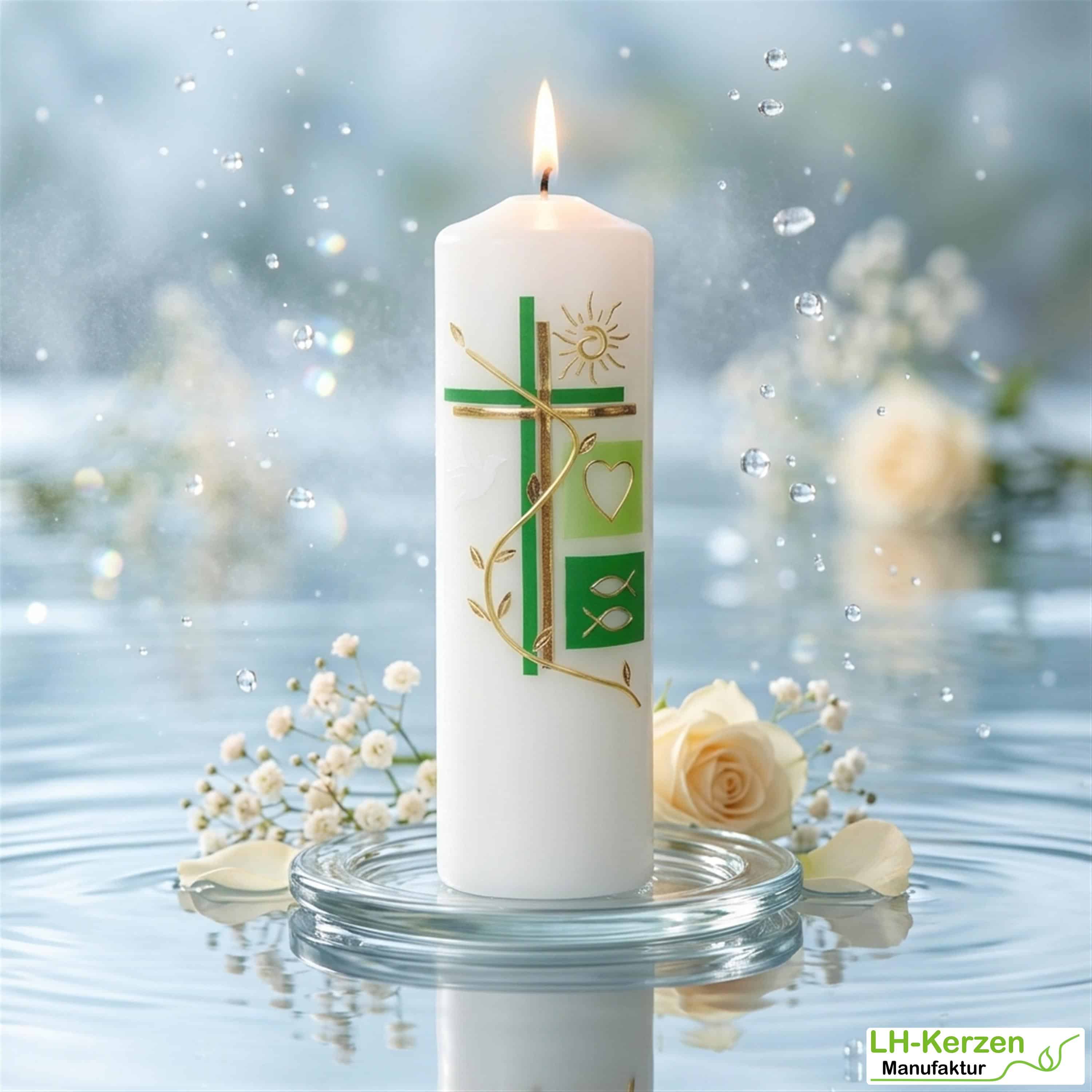 Taufkerze, Kerze zur Firmung grün-gold mit Kreuz, Ranke, Sonne und christlichen Symbolen