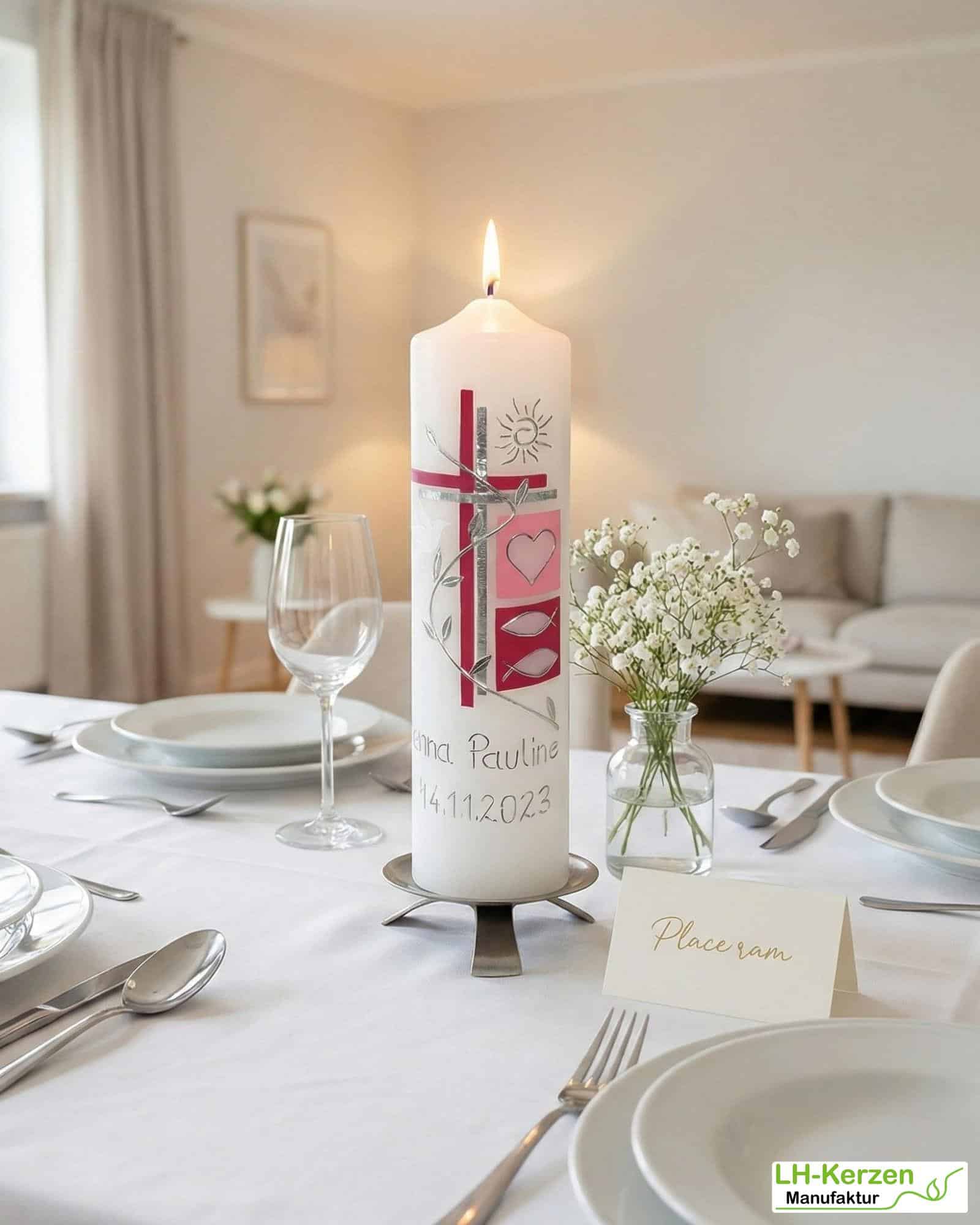 Moderne Taufkerze mit Kreuz, Blumenranke & Sonne – zweifarbig, handverziert
