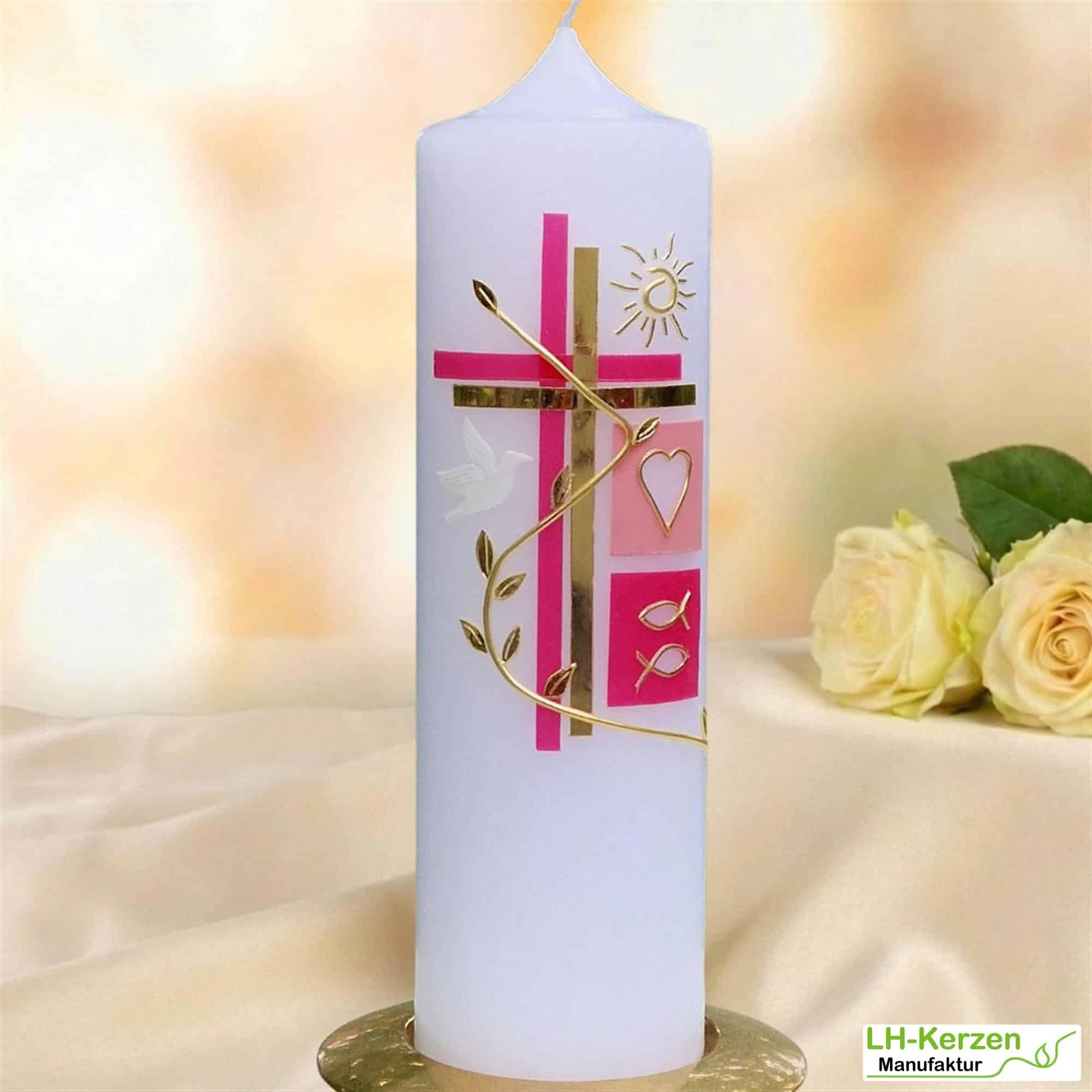 Moderne Taufkerze mit Kreuz, Blumenranke & Sonne – zweifarbig, handverziert