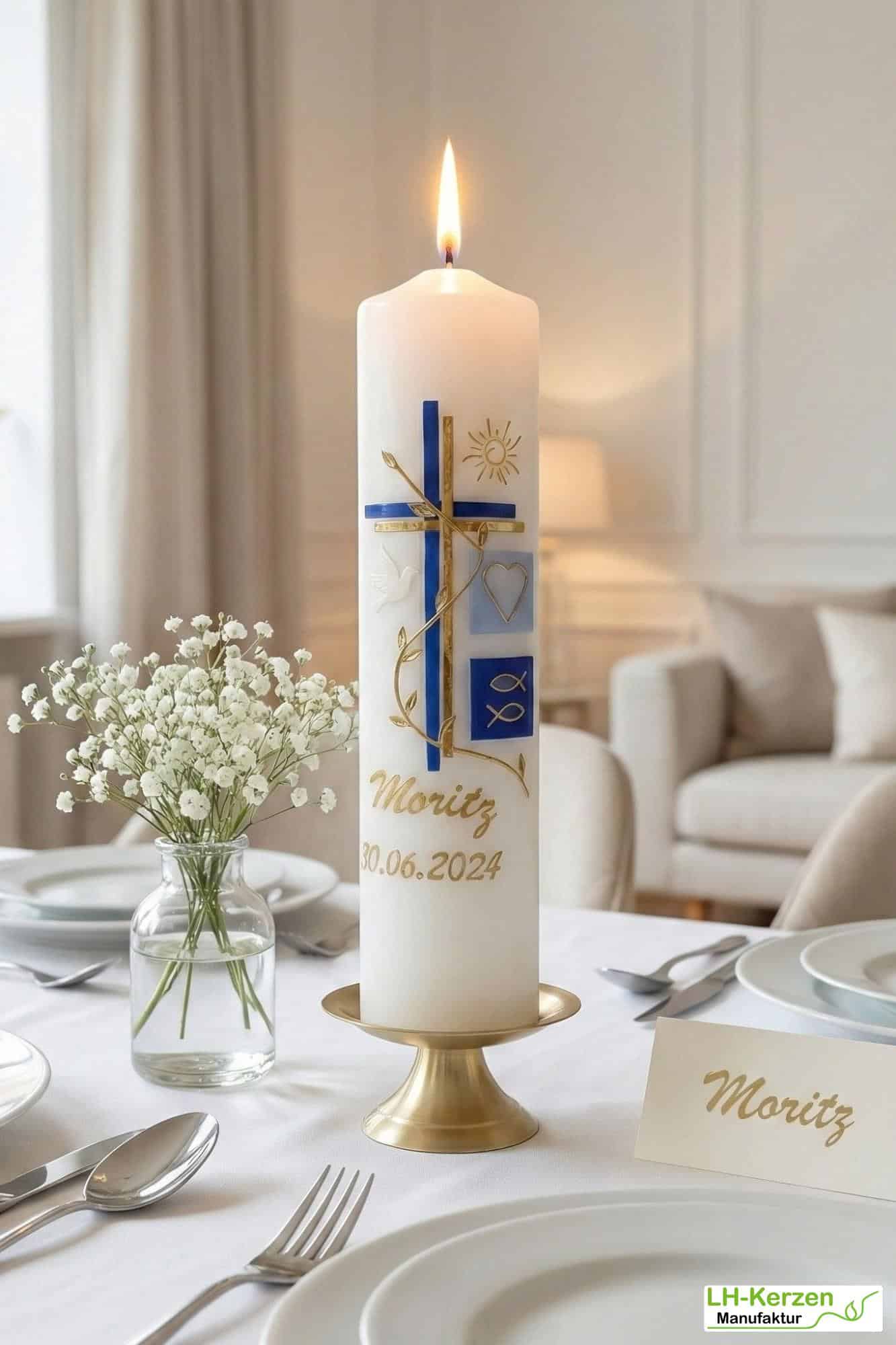 Moderne Taufkerze mit Kreuz, Blumenranke & Sonne – zweifarbig, handverziert