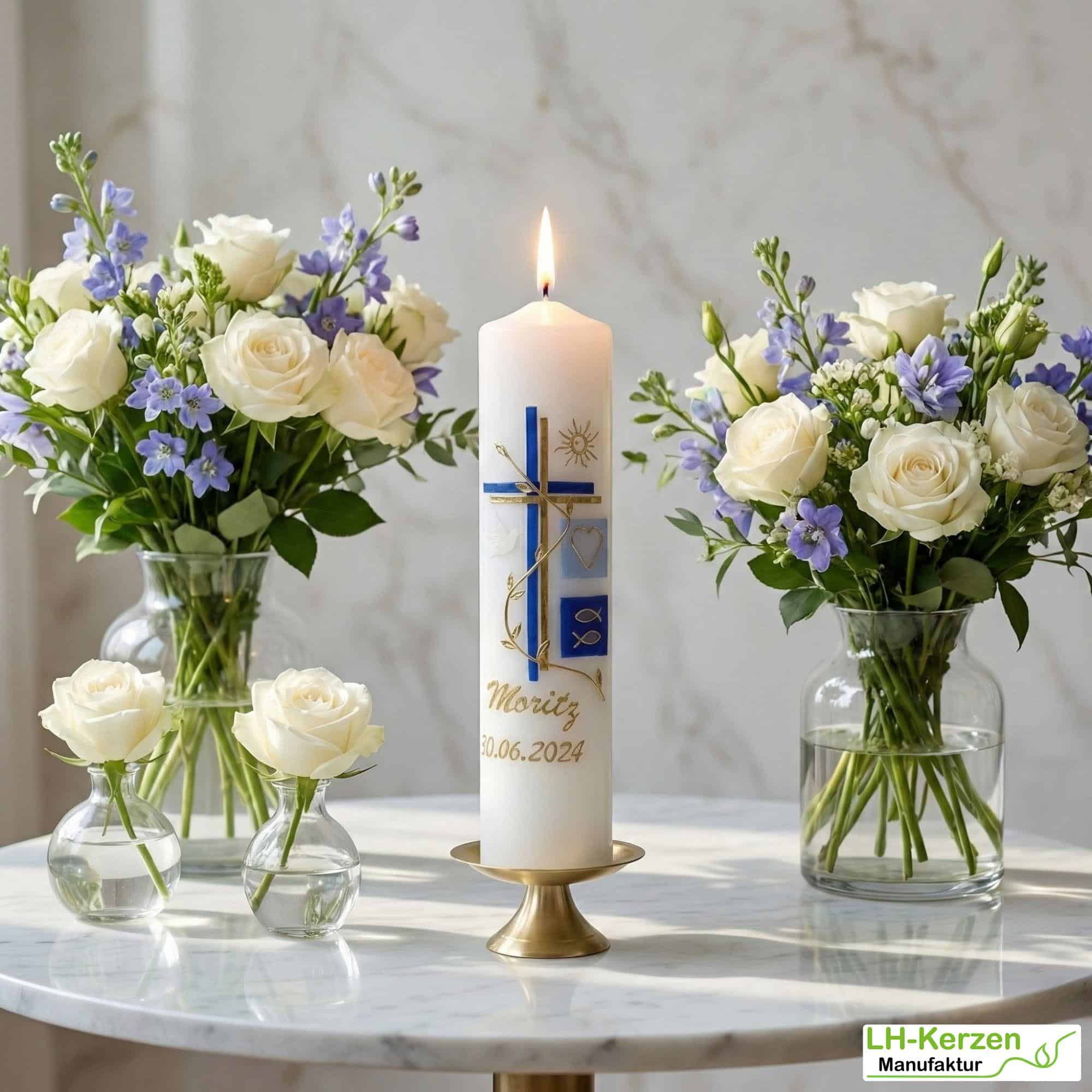 Moderne Taufkerze mit Kreuz, Blumenranke & Sonne – zweifarbig, handverziert