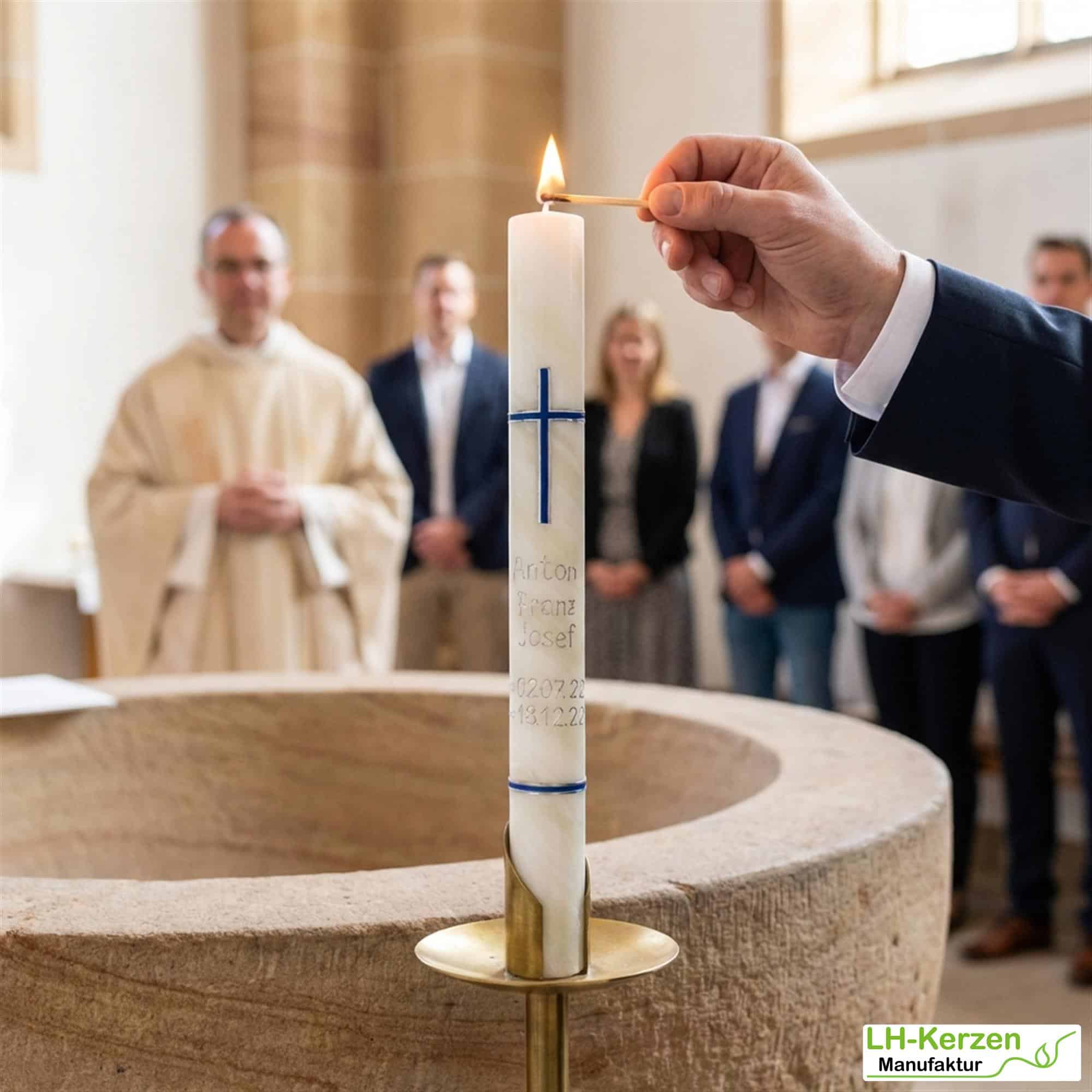 Taufkerze Bienenwachs mit blau-silbernem Kreuz & umlaufendem Wachsstreifen – handverziert