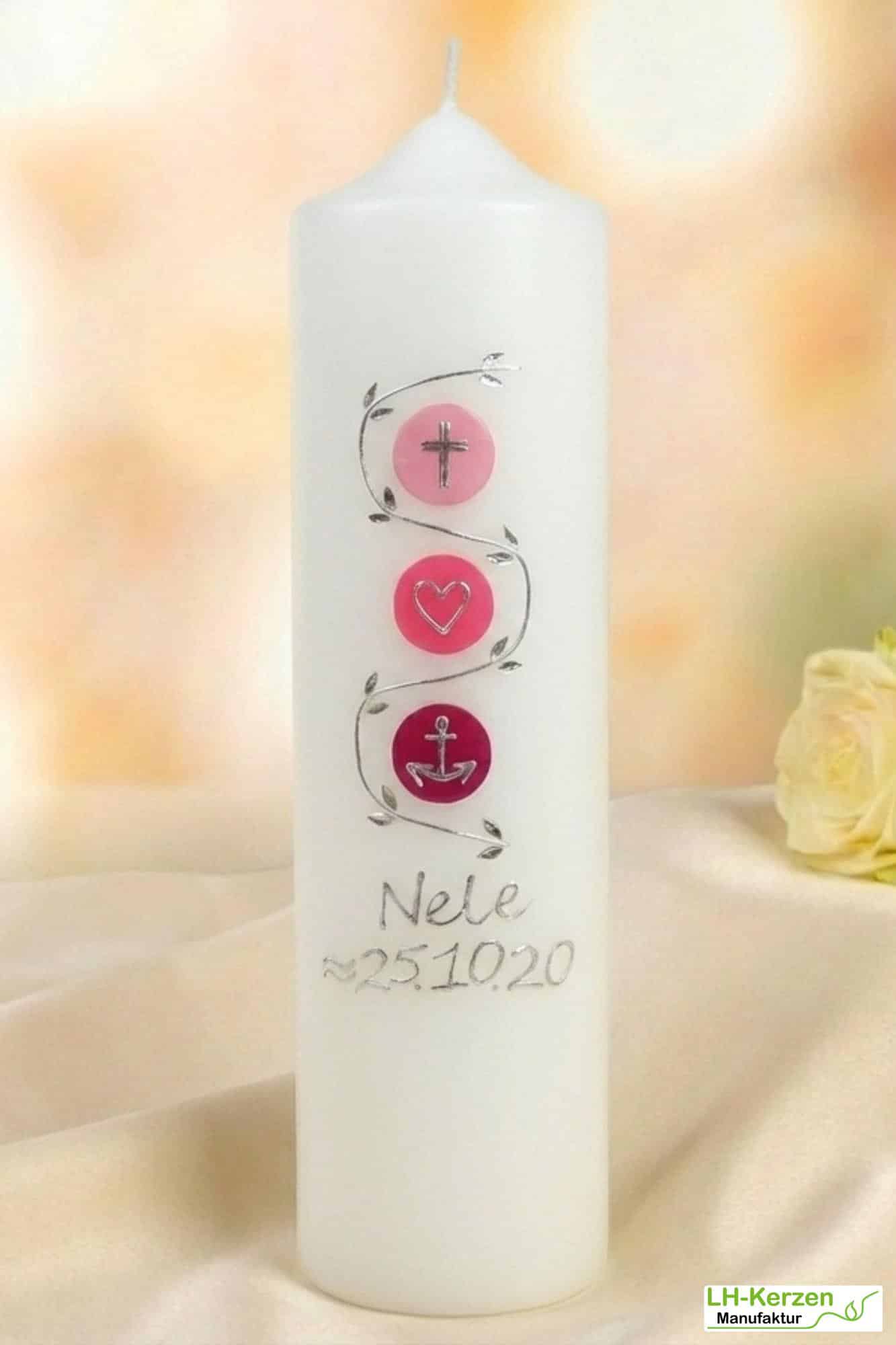 Taufkerze/Tischkerze Kreuz, Herz und Anker mit silberner Blumenranke rosa oder hellblau