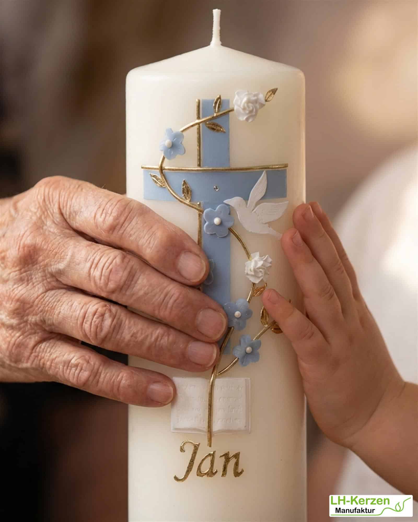 Schlanke Taufkerze elfenbein mit zweifarbigem Kreuz, Blumenranke, Taube & Bibel