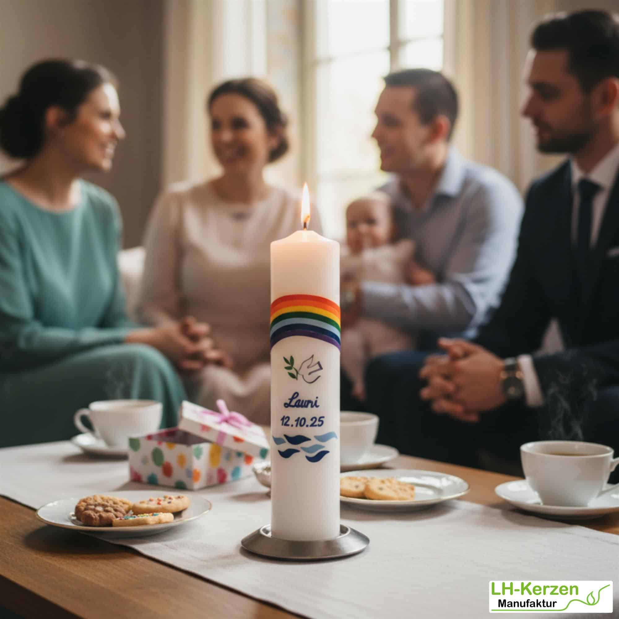 Taufkerze mit Regenbogen, Taube und Wellen, Stumpenkerze, personalisierbar mit Namen und Datum