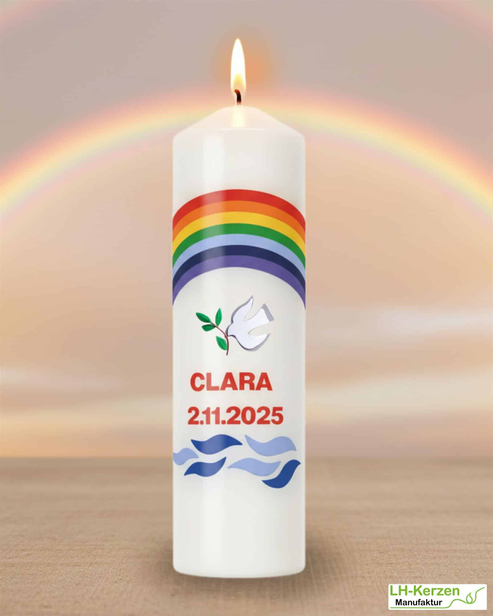 Taufkerze mit Regenbogen, Taube und Wellen, Stumpenkerze, personalisierbar mit Namen und Datum