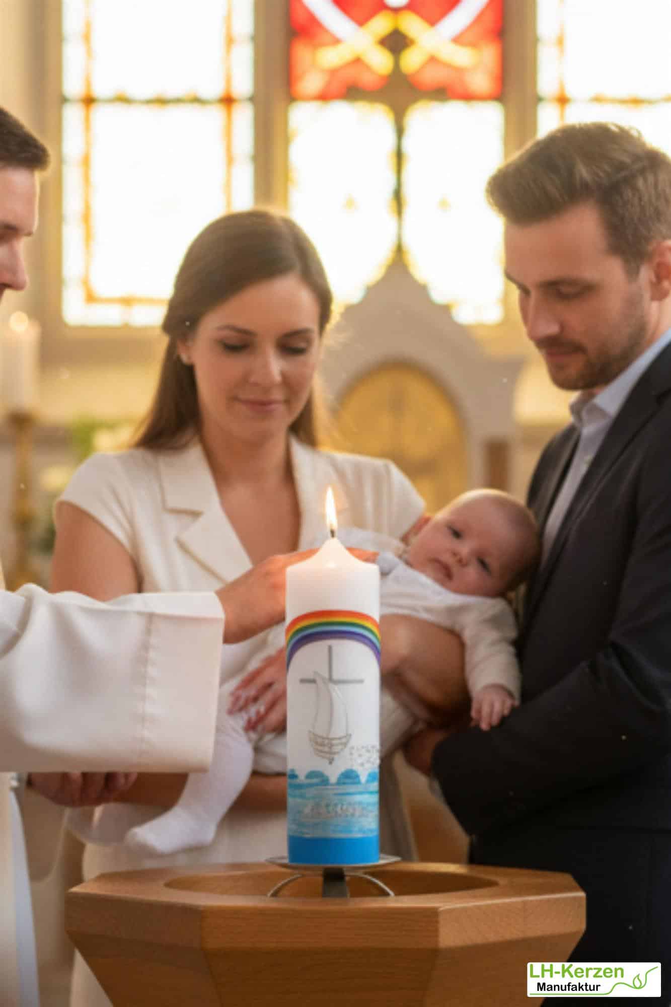 Taufkerze mit Regenbogen, Kreuz, Segelschiff & Ozean – handverziert, personalisierbar