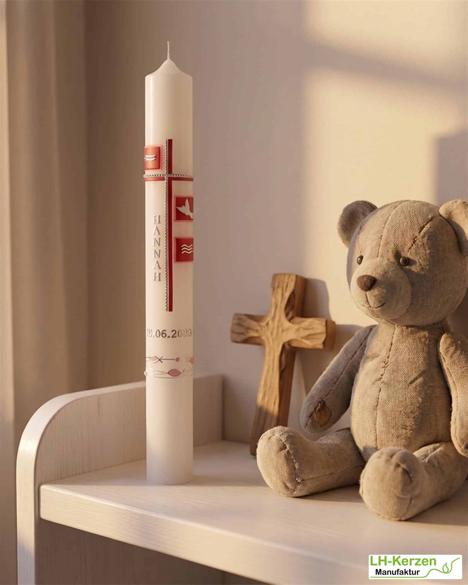 Schlanke Taufkerze mit Kreuz & Symbolkacheln Fisch, Taube und Wellen in Rot & Silber