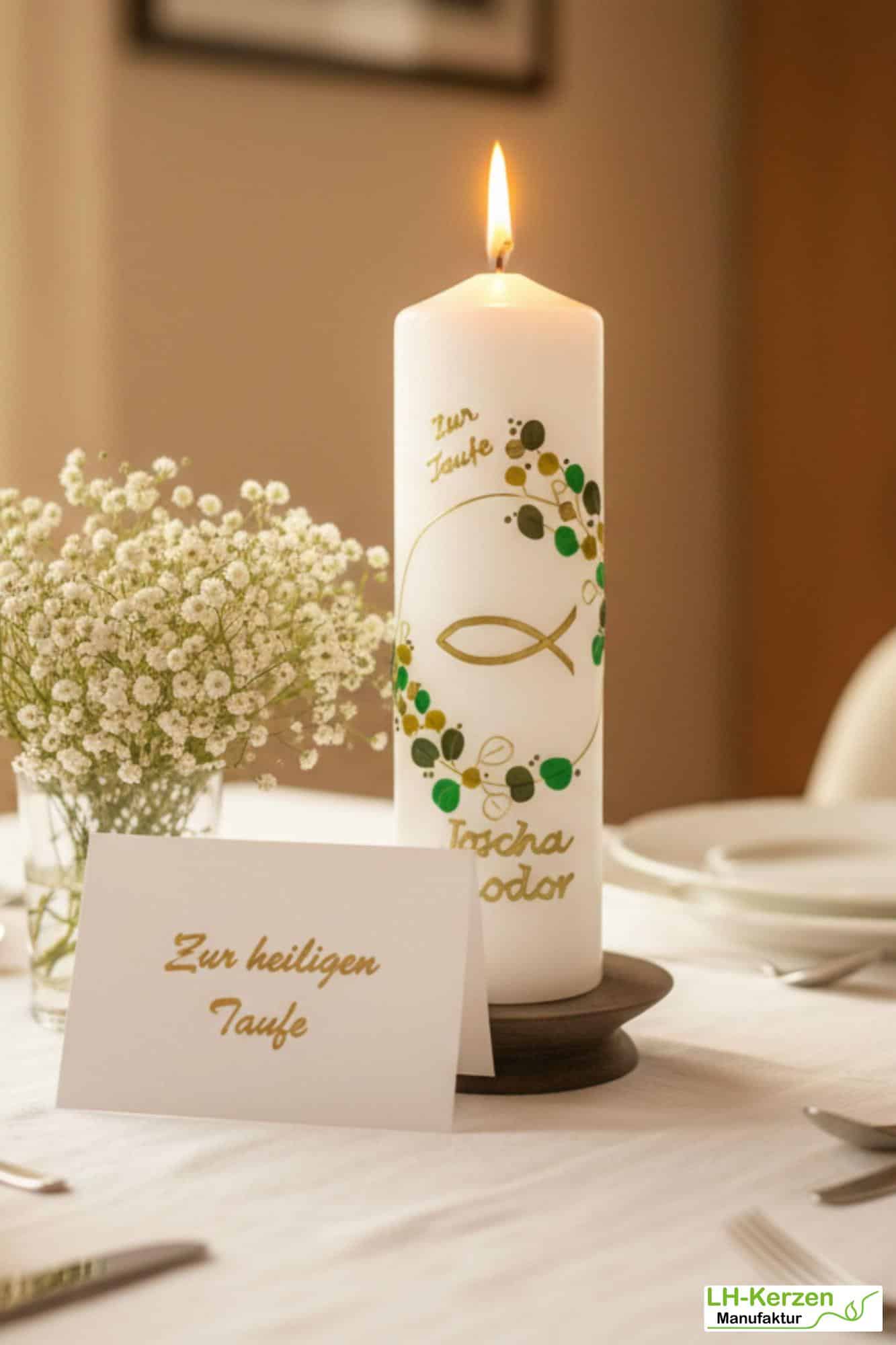 Handgefertigte Taufkerze mit goldenen Akzenten, Fischsymbol und Blätterkranz - personalisierbar