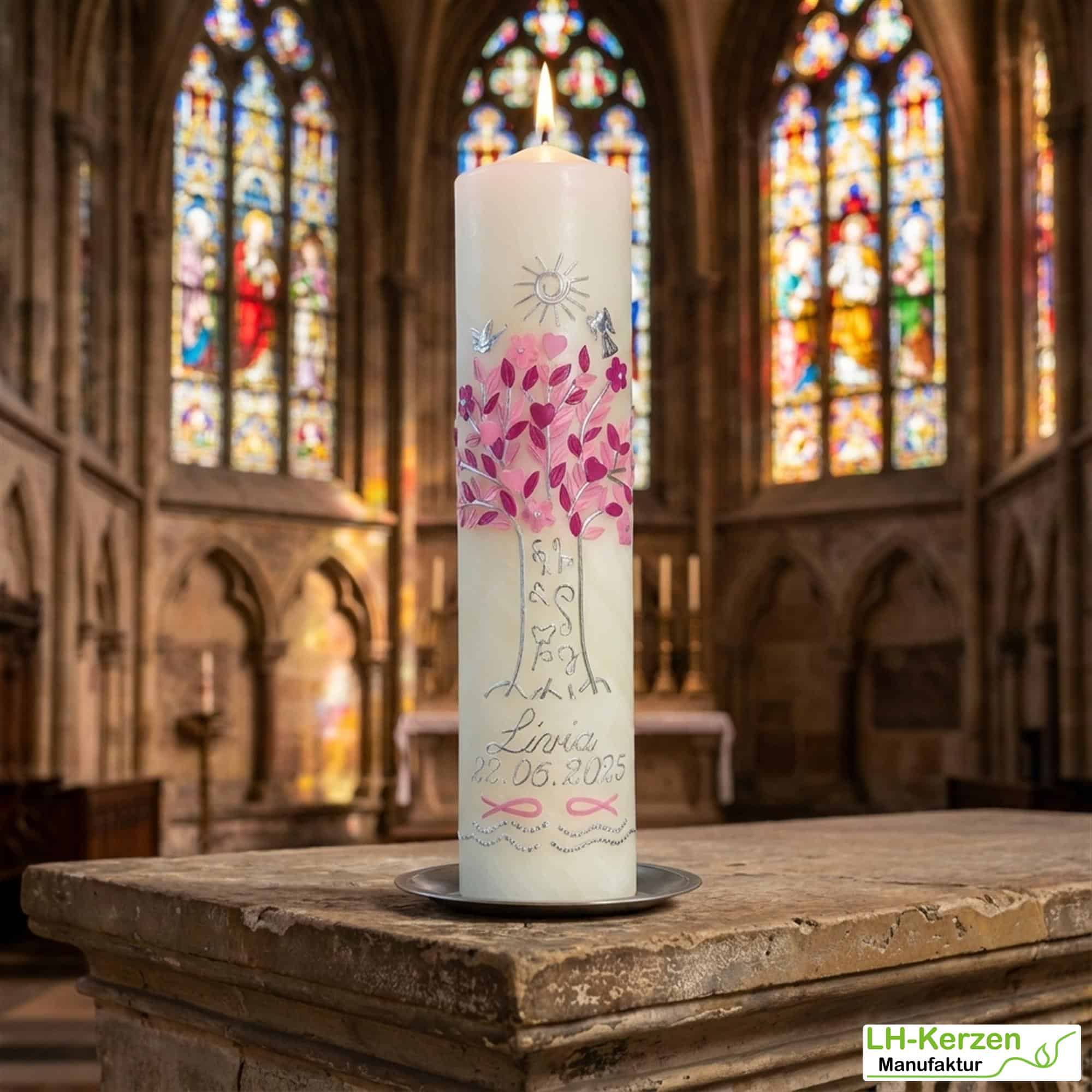 Taufkerze Bienenwachs personalisierbar Lebensbaum, Sonne, Engel , Taube, Fische und Wellen