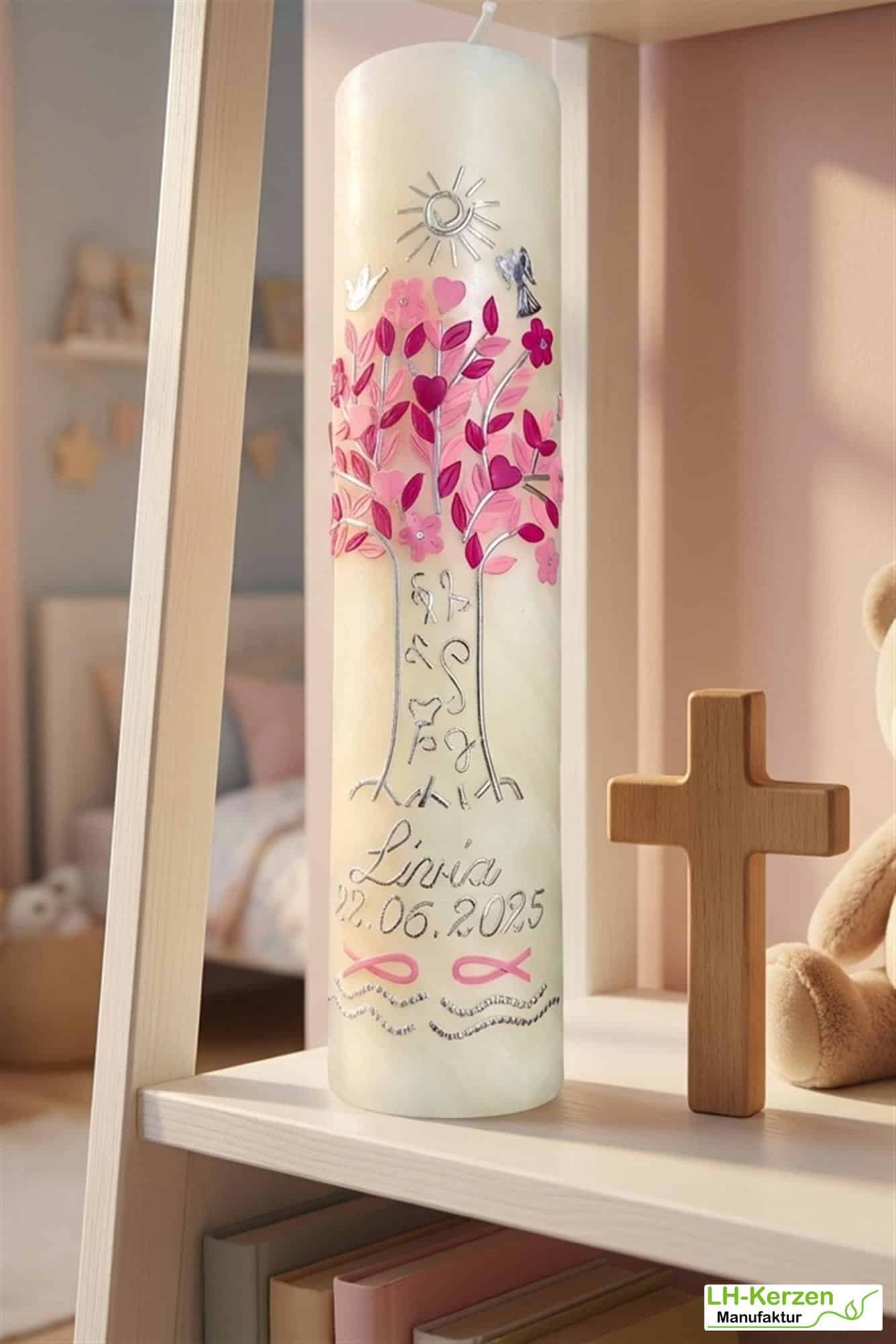 Taufkerze Bienenwachs personalisierbar Lebensbaum, Sonne, Engel , Taube, Fische und Wellen