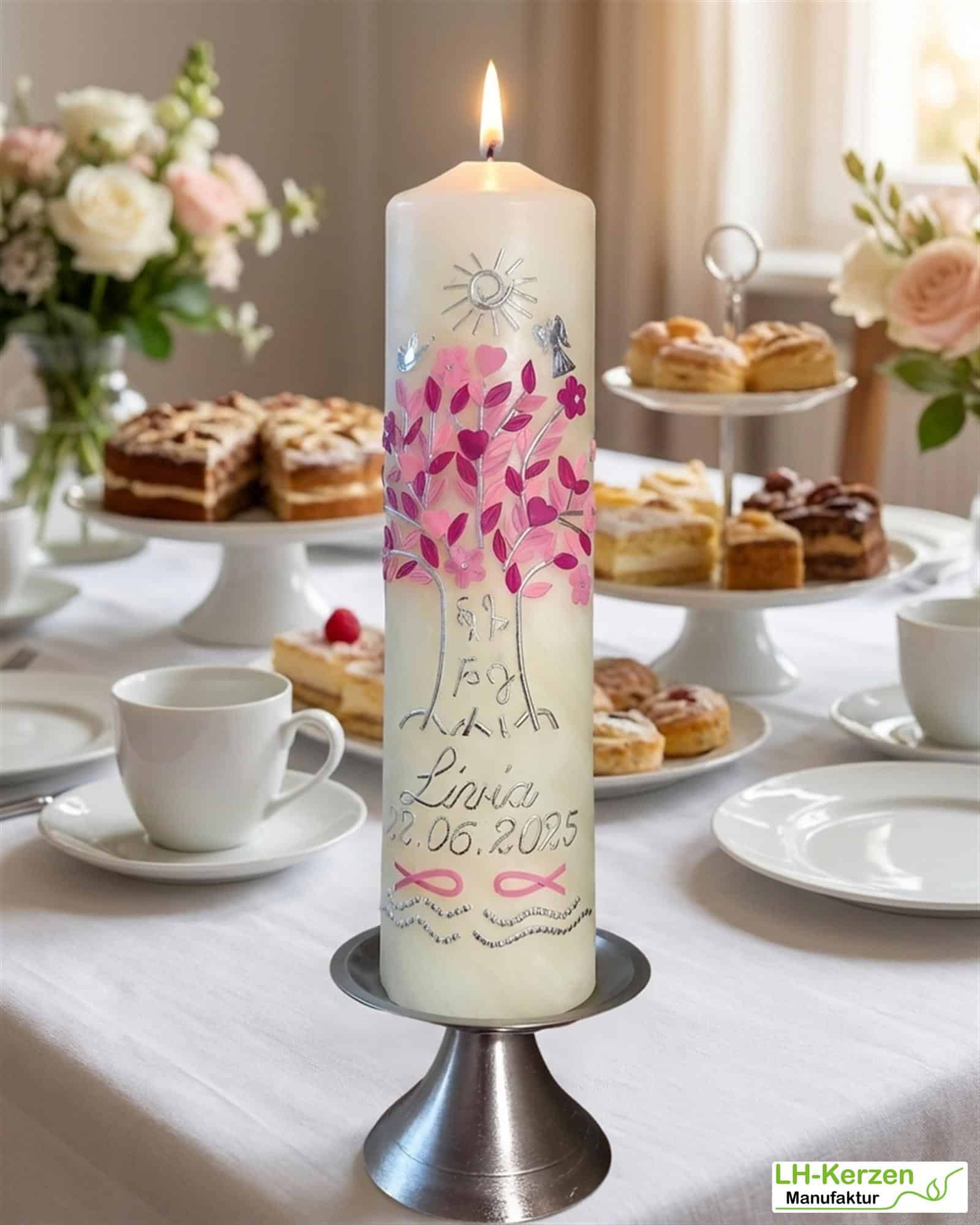 Taufkerze Bienenwachs personalisierbar Lebensbaum, Sonne, Engel , Taube, Fische und Wellen