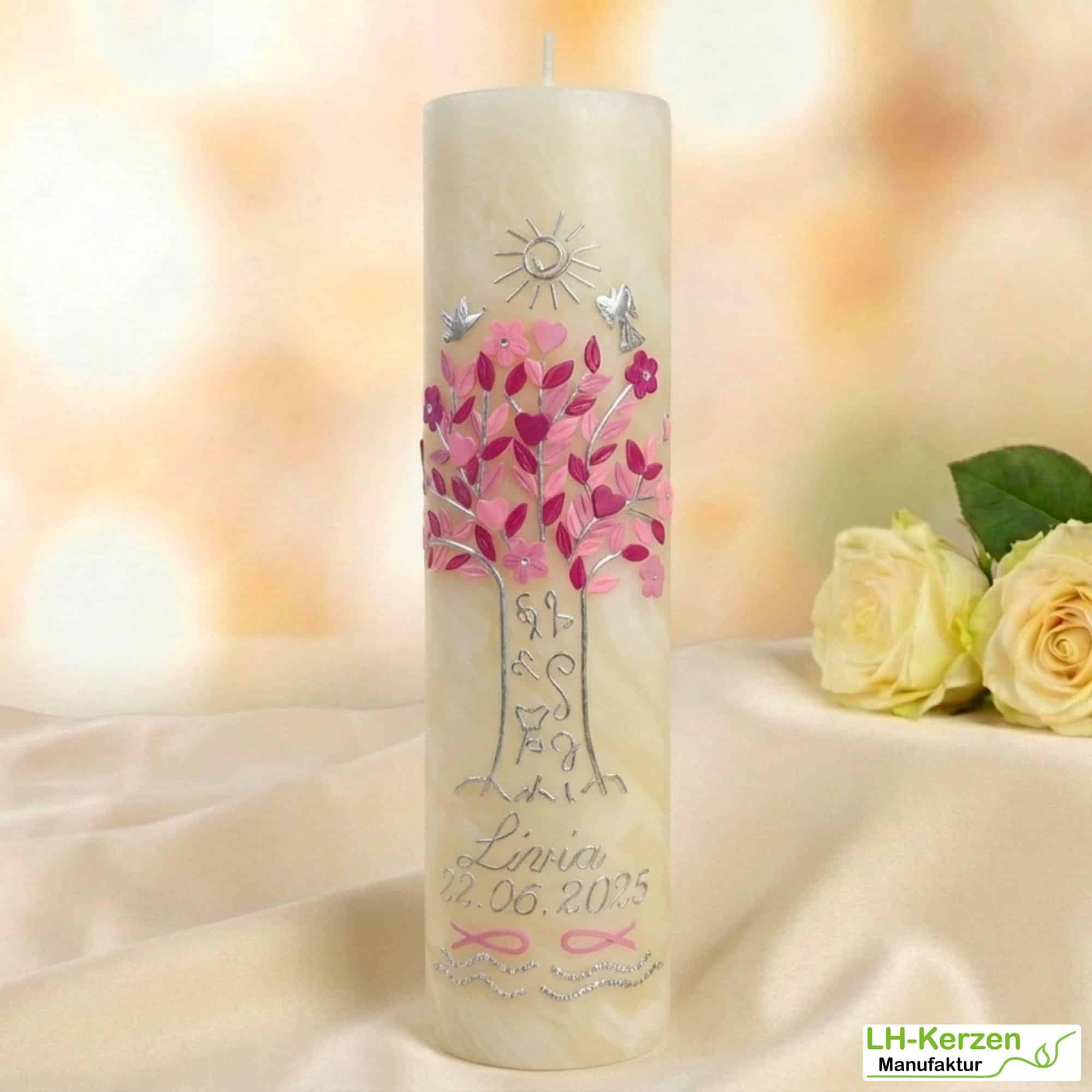 Taufkerze Bienenwachs personalisierbar Lebensbaum, Sonne, Engel , Taube, Fische und Wellen