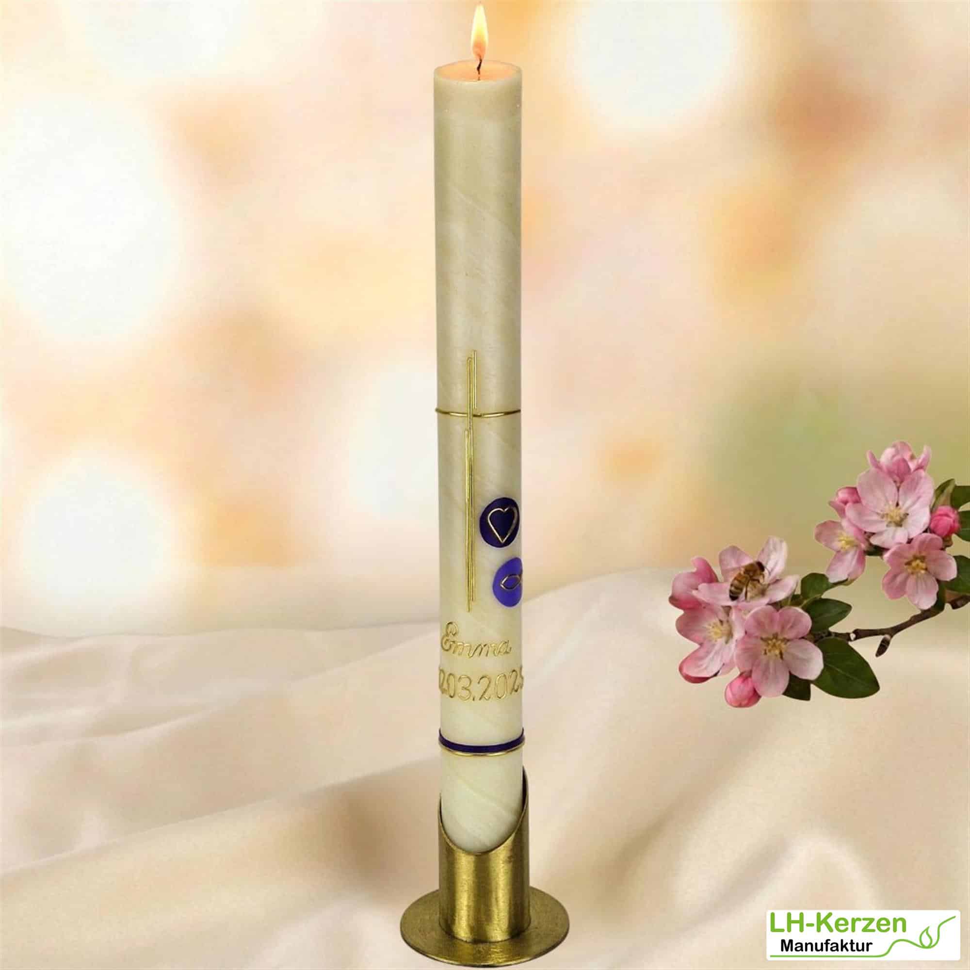 Taufkerze Bienenwachs mit Herz und Fischsymbol, von Hand geknetet personalisierbar