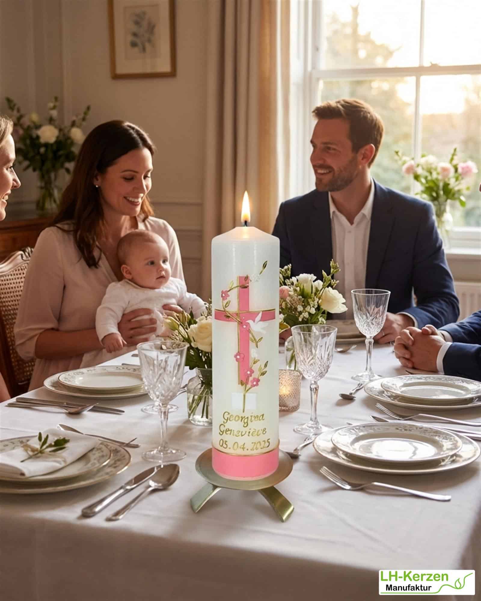 Taufkerze mit rosa-goldenem Kreuz, Blumenranke, Taube und Bibel – personalisierbar mit Name & Datum