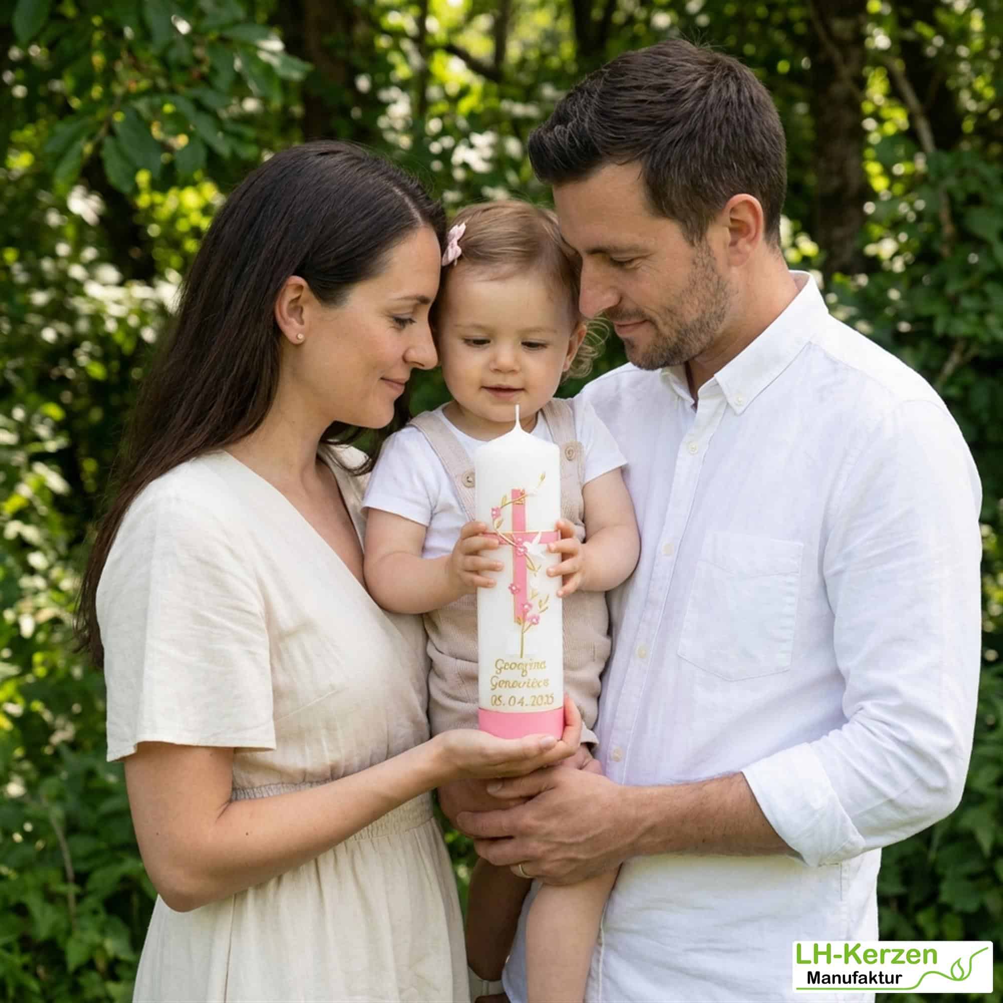 Taufkerze mit rosa-goldenem Kreuz, Blumenranke, Taube und Bibel – personalisierbar mit Name & Datum