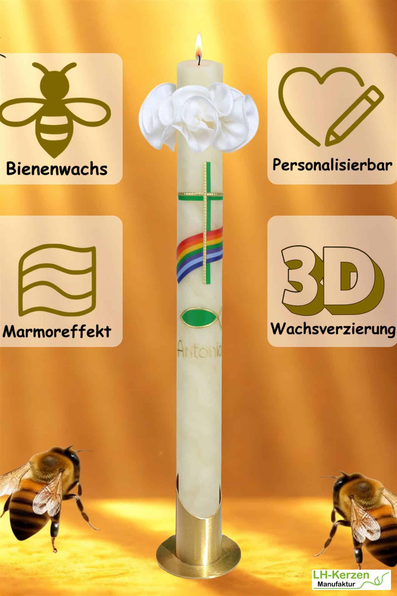 Bienenwachs-Taufkerze mit Regenbogen, grünem Kreuz und Fischsymbol – handverziert, personalisierbar