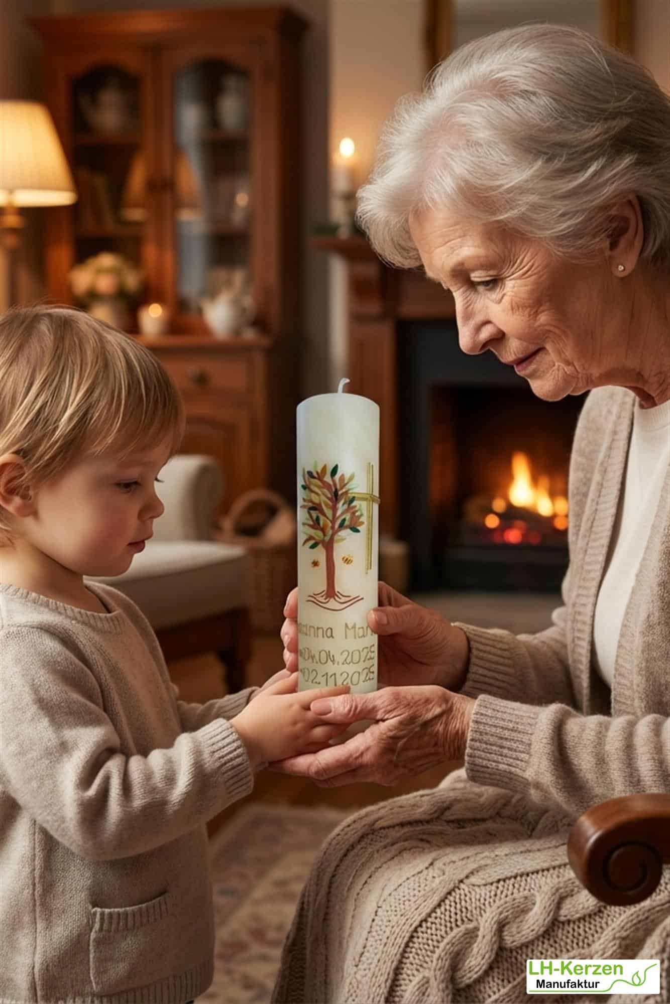 Taufkerze Bienenwachs Lebensbaum & Kreuz – personalisierbar, handverziert mit echten Wachselementen