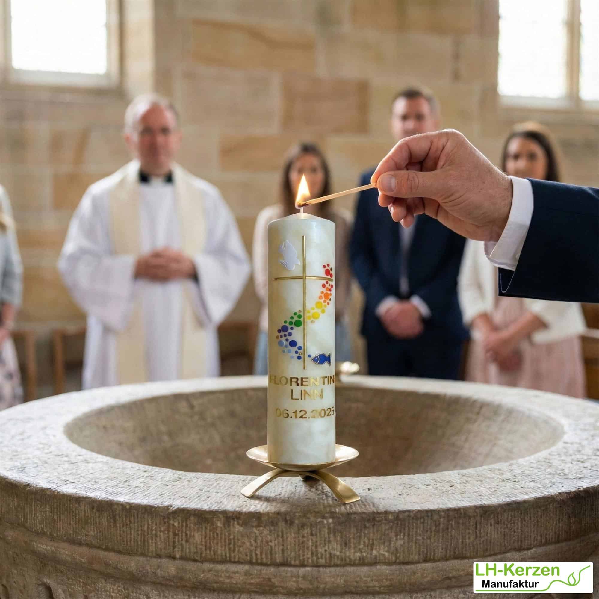 Bienenwachs-Taufkerze mit Kreuz, Taube, Fisch und farbigem Lebensweg, handverziert, personalisierbar