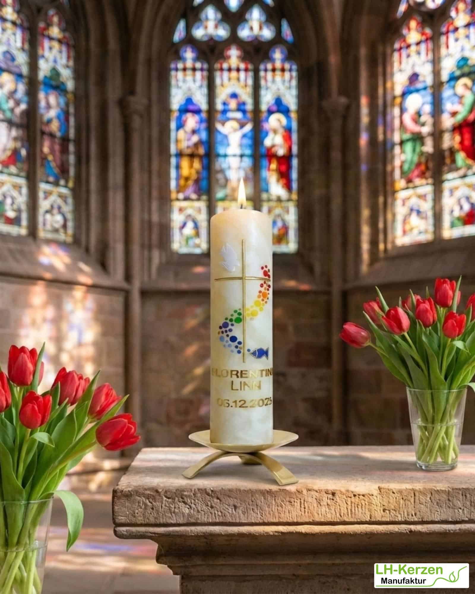 Bienenwachs-Taufkerze mit Kreuz, Taube, Fisch und farbigem Lebensweg, handverziert, personalisierbar