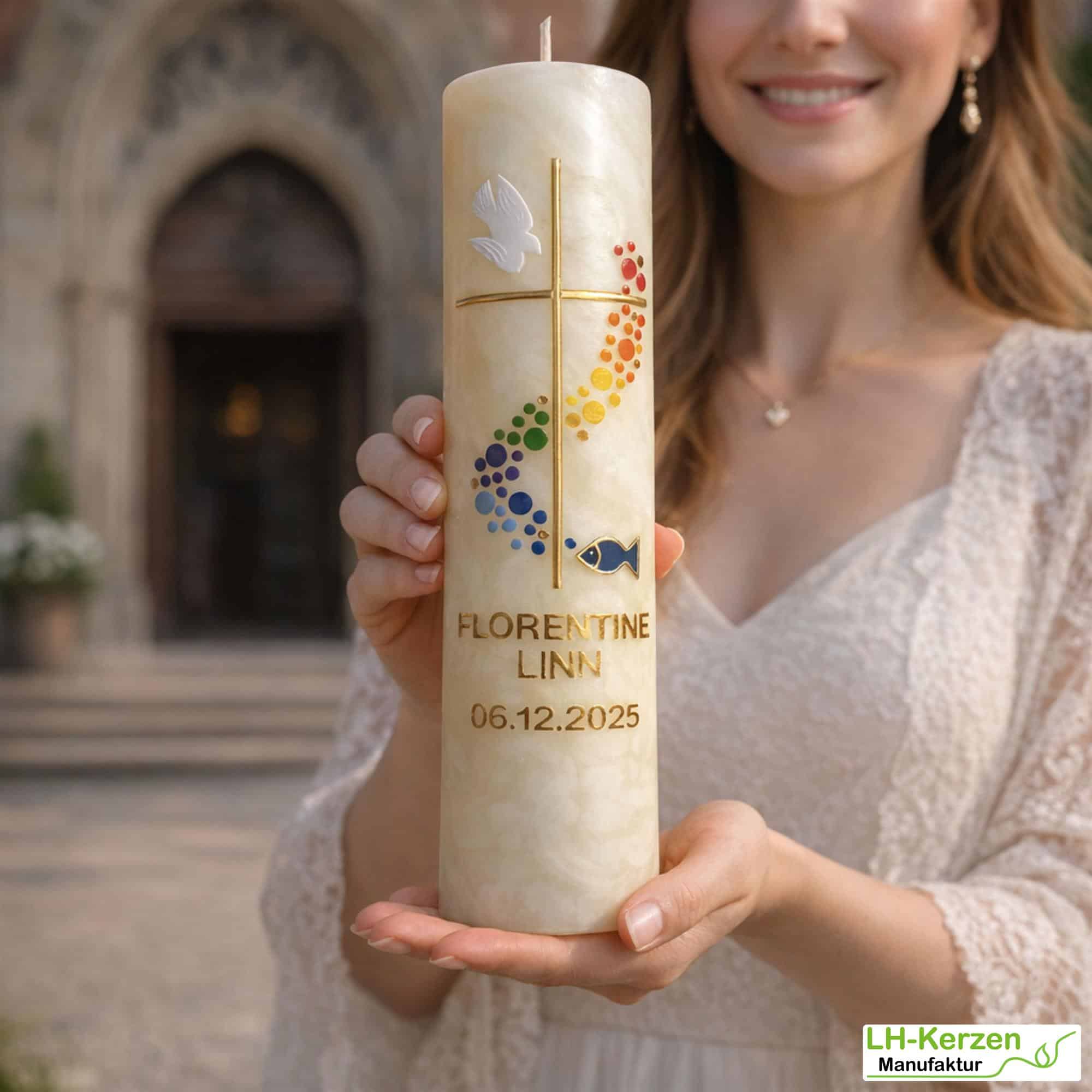 Bienenwachs-Taufkerze mit Kreuz, Taube, Fisch und farbigem Lebensweg, handverziert, personalisierbar