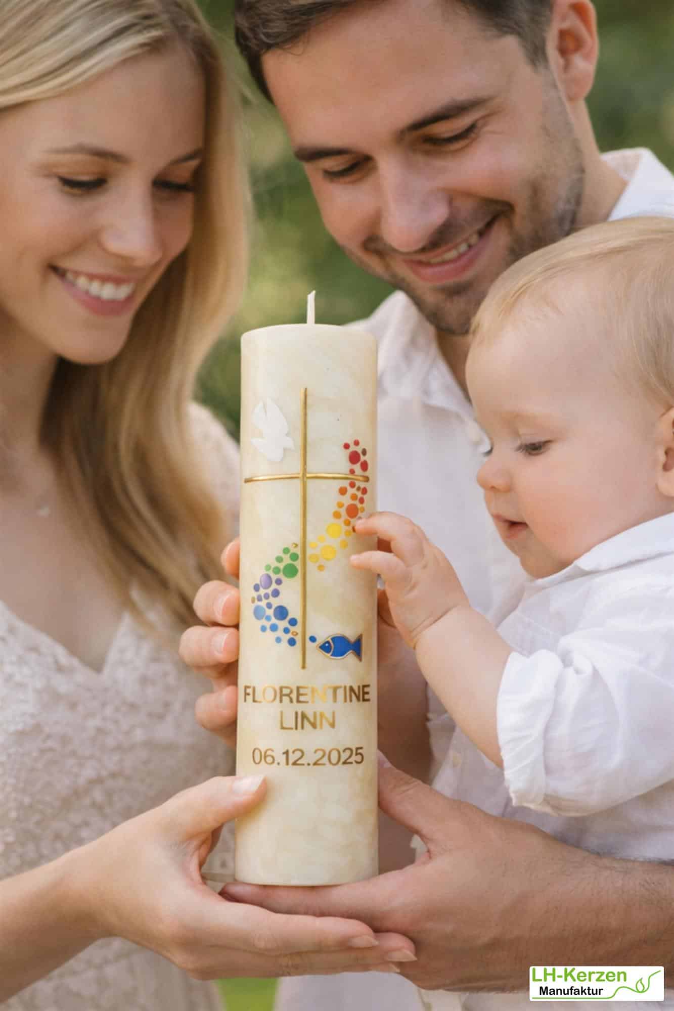 Bienenwachs-Taufkerze mit Kreuz, Taube, Fisch und farbigem Lebensweg, handverziert, personalisierbar