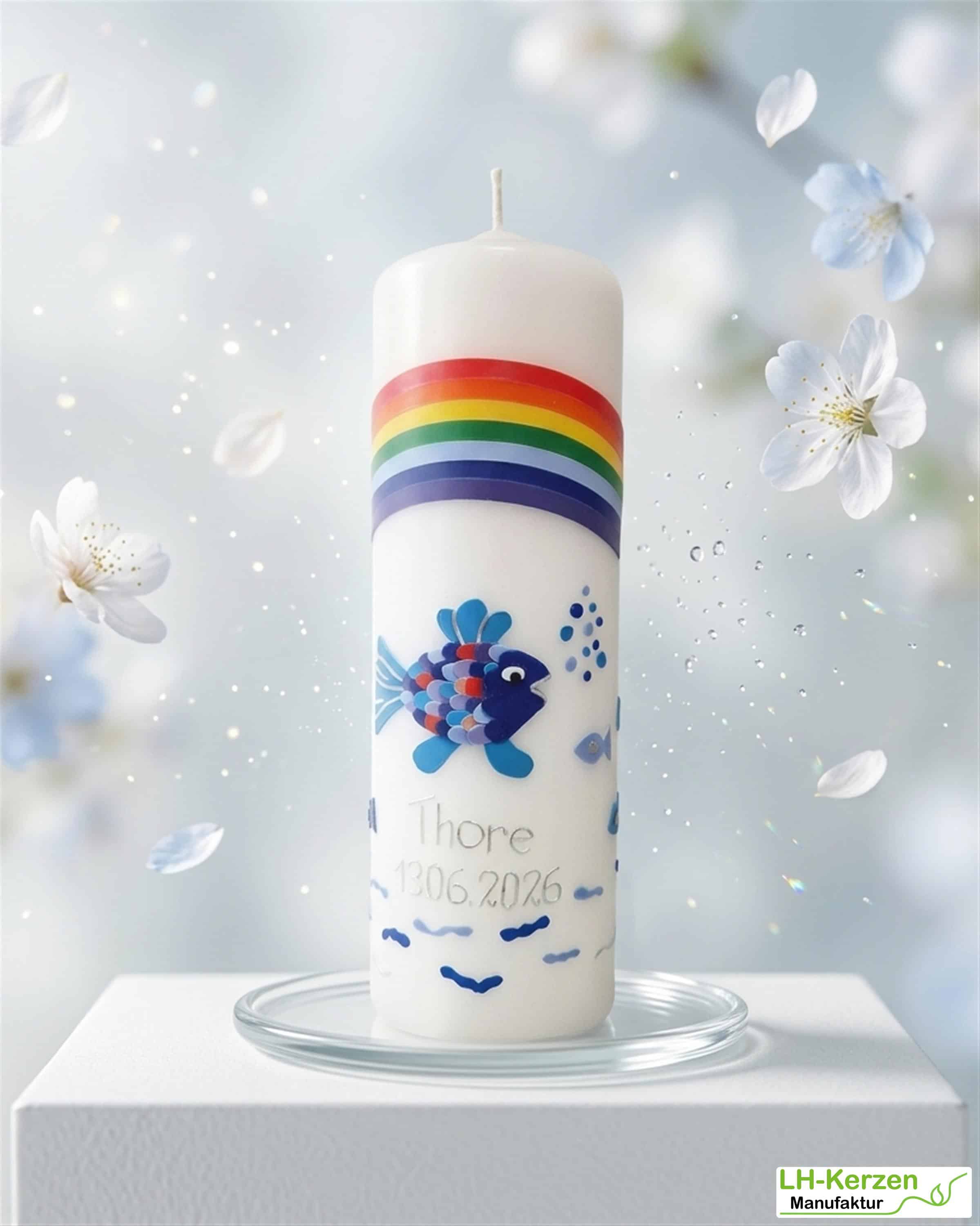 Taufkerze Regenbogen, Fisch & Wikingerschiff – rundum handverziert, personalisiert