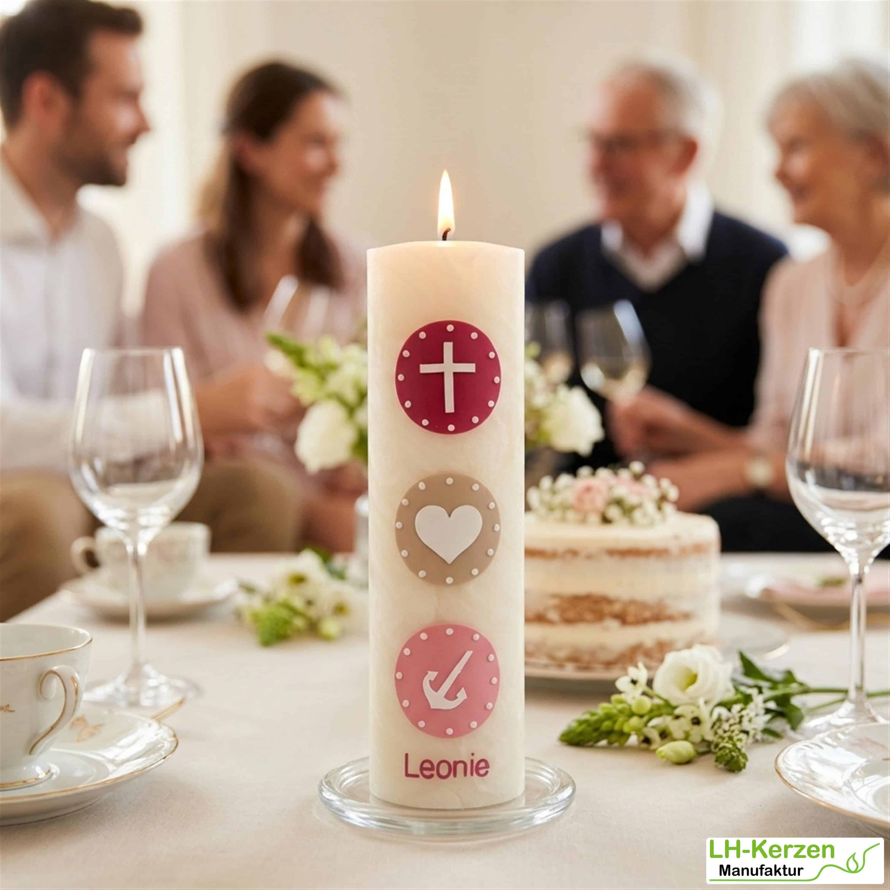 Bienenwachs-Taufkerze Glaube Liebe Hoffnung – Kreuz, Herz & Anker, personalisiert