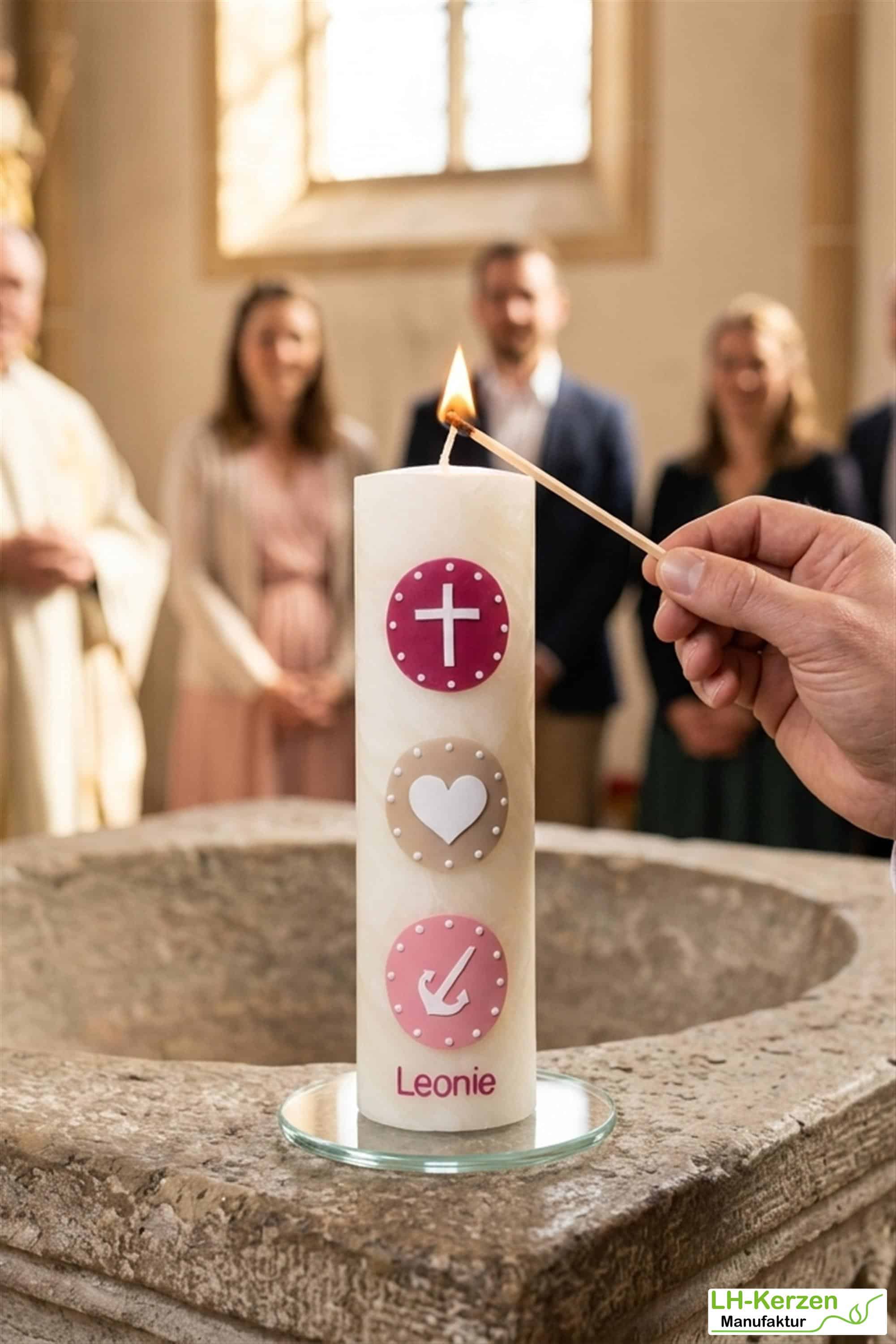 Bienenwachs-Taufkerze Glaube Liebe Hoffnung – Kreuz, Herz & Anker, personalisiert