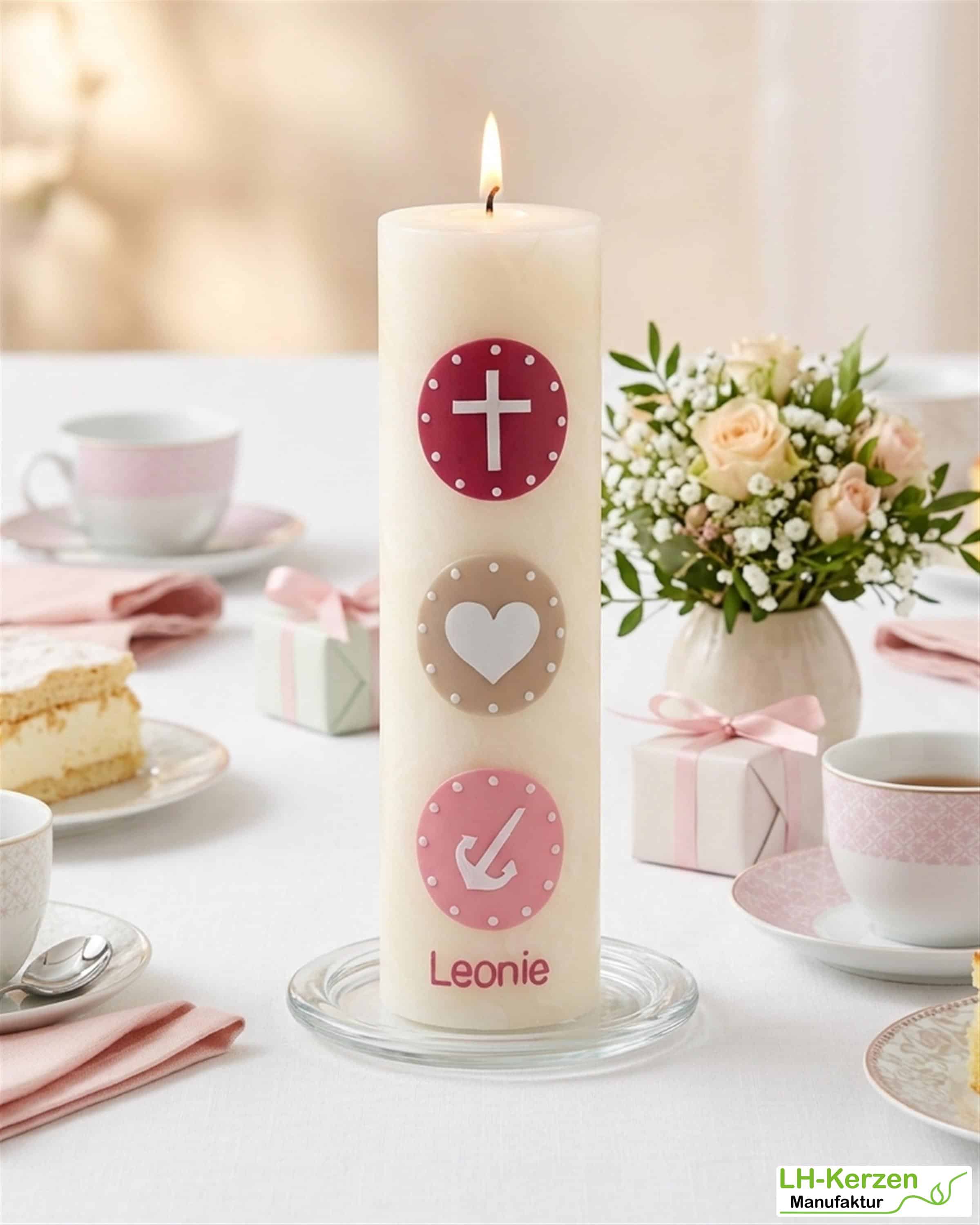 Bienenwachs-Taufkerze Glaube Liebe Hoffnung – Kreuz, Herz & Anker, personalisiert