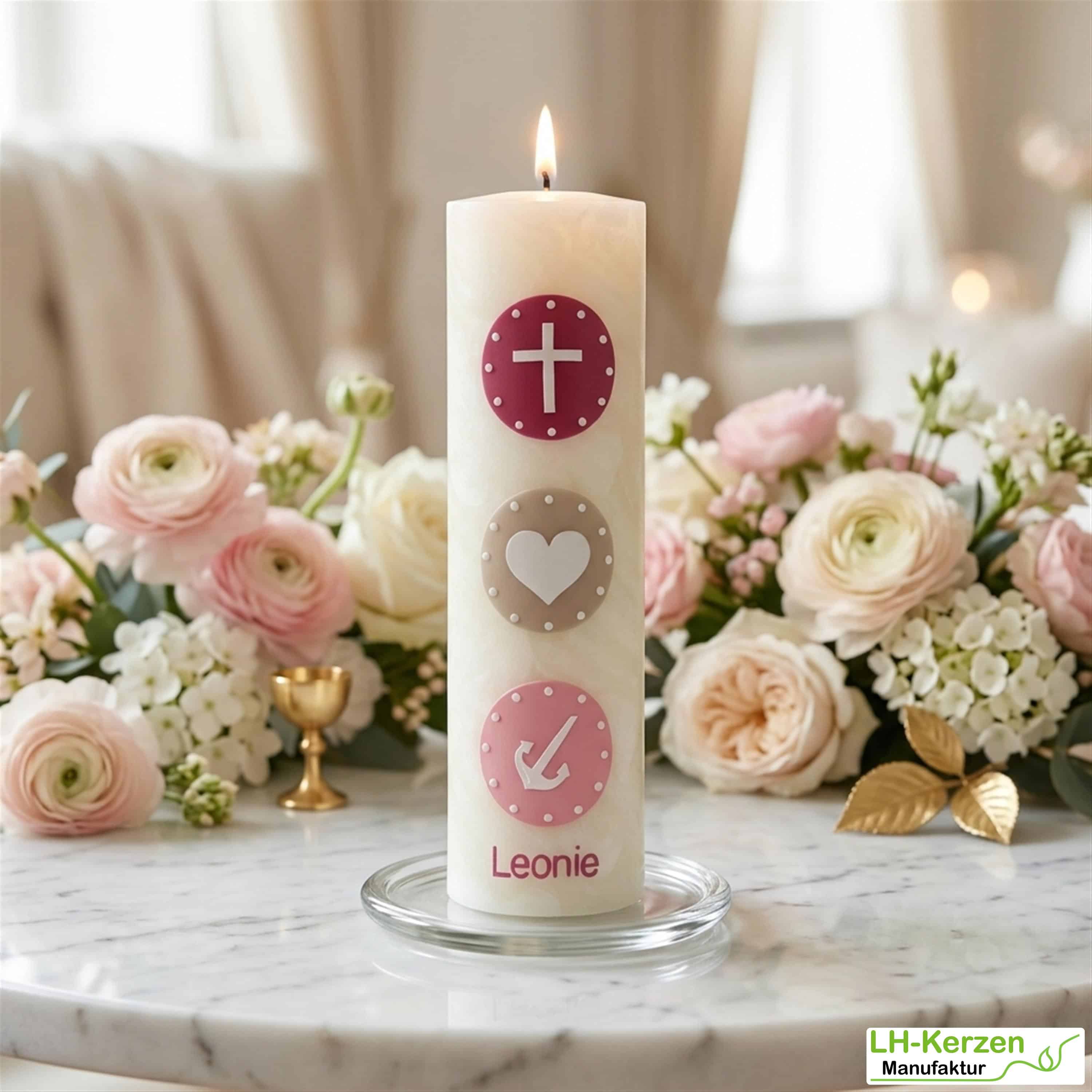 Bienenwachs-Taufkerze Glaube Liebe Hoffnung – Kreuz, Herz & Anker, personalisiert
