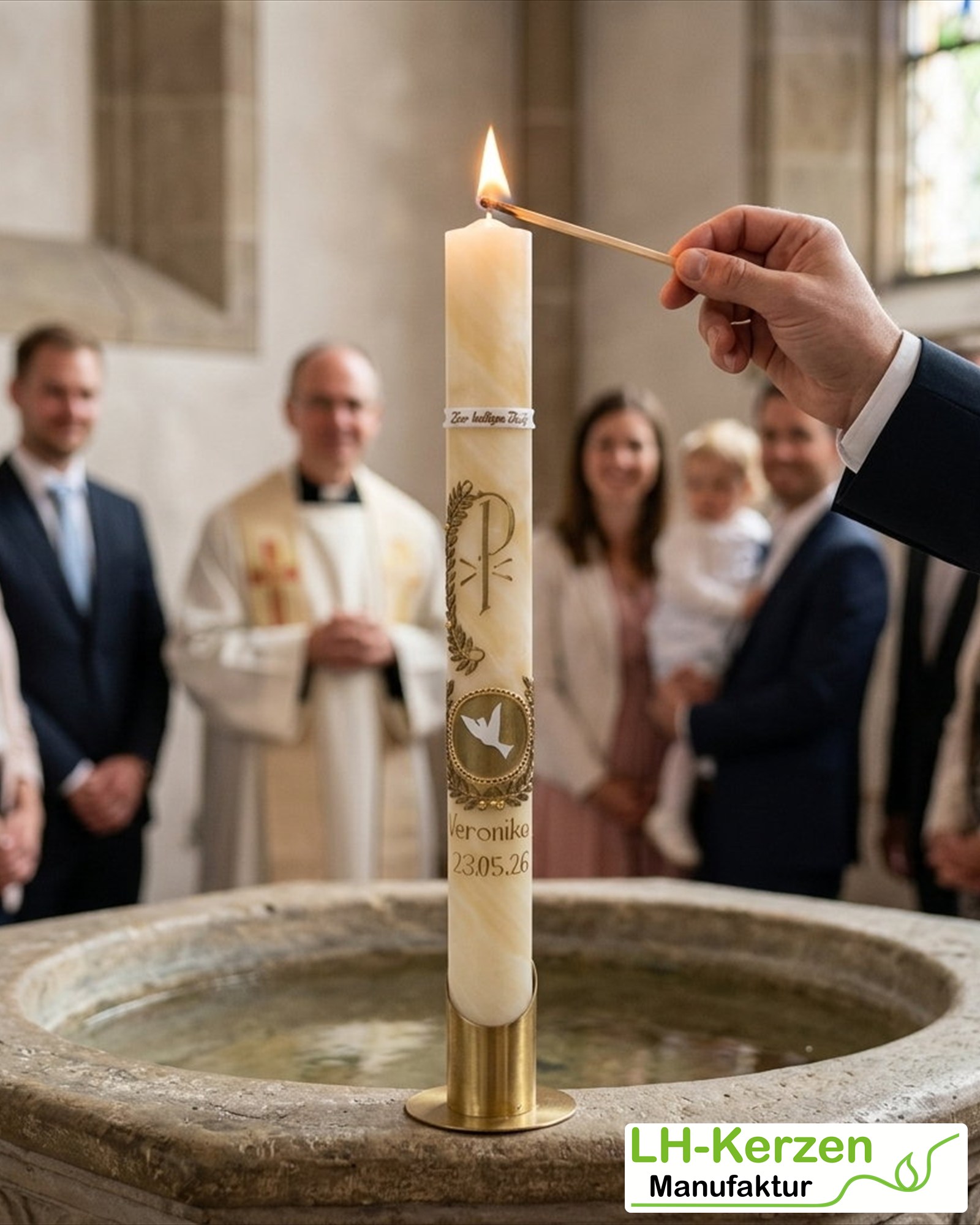 Bienenwachs-Taufkerze PAX mit Taube & Olivenzweig – schlank, handverziert, personalisiert