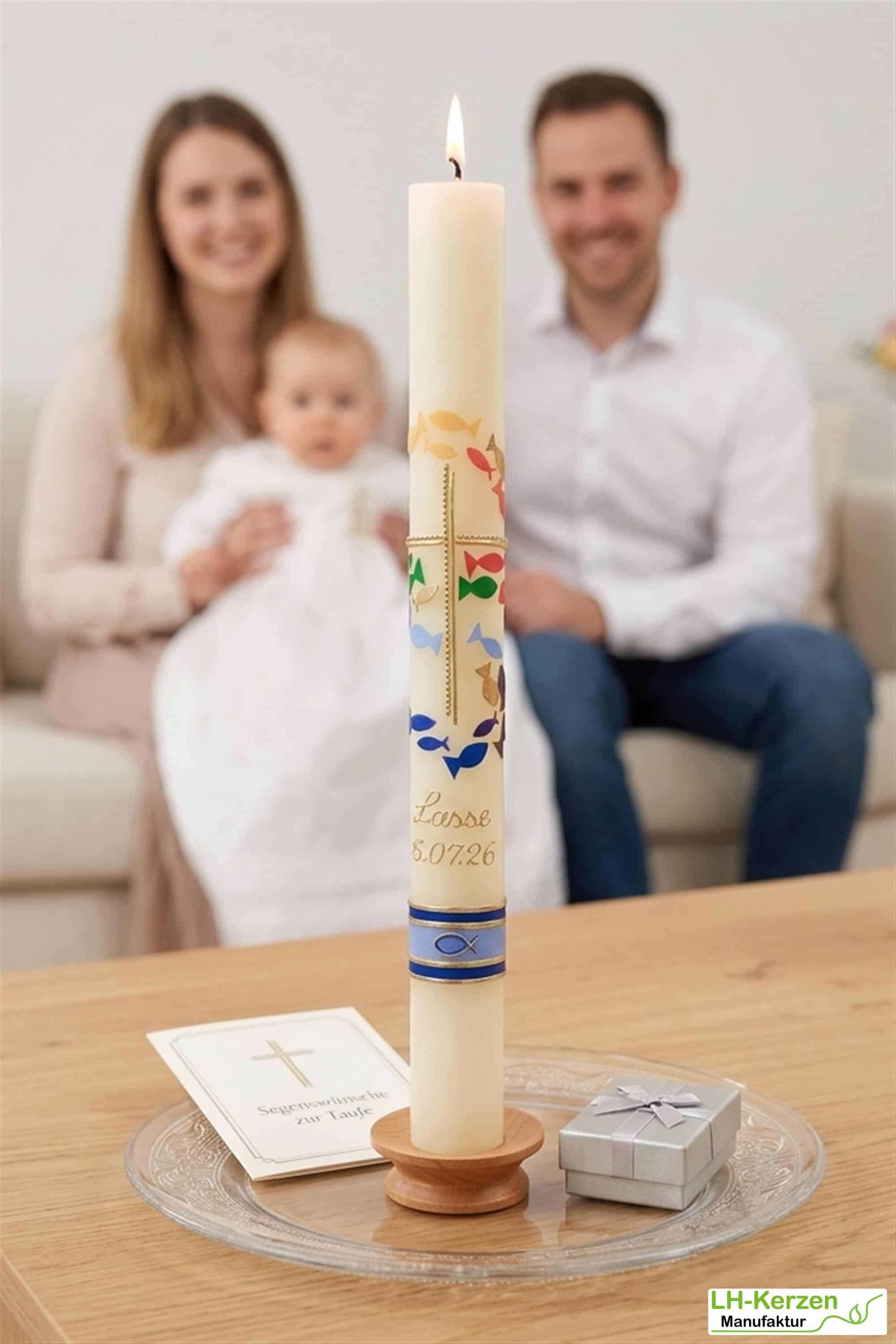Bienenwachs-Taufkerze mit Kreuz & Fischen – schlank, handverziert, personalisiert