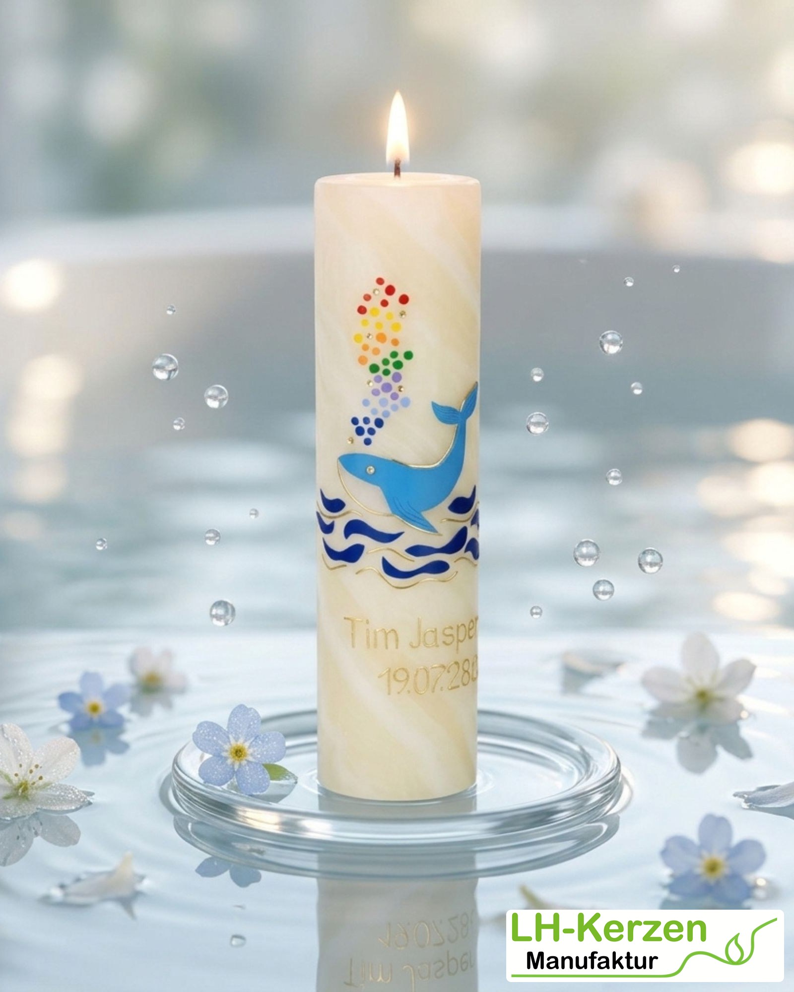 Bienenwachs-Taufkerze mit Walfisch, Regenbogenblasen & Wellen – handverziert, personalisierbar