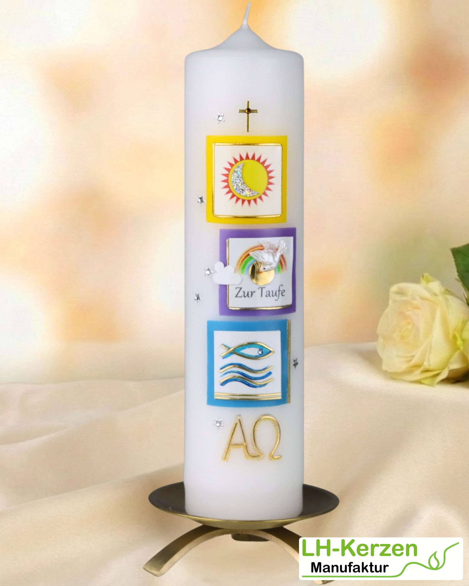 Taufkerze mit Regenbogen, Taube, Fisch & Sonne – personalisierbar