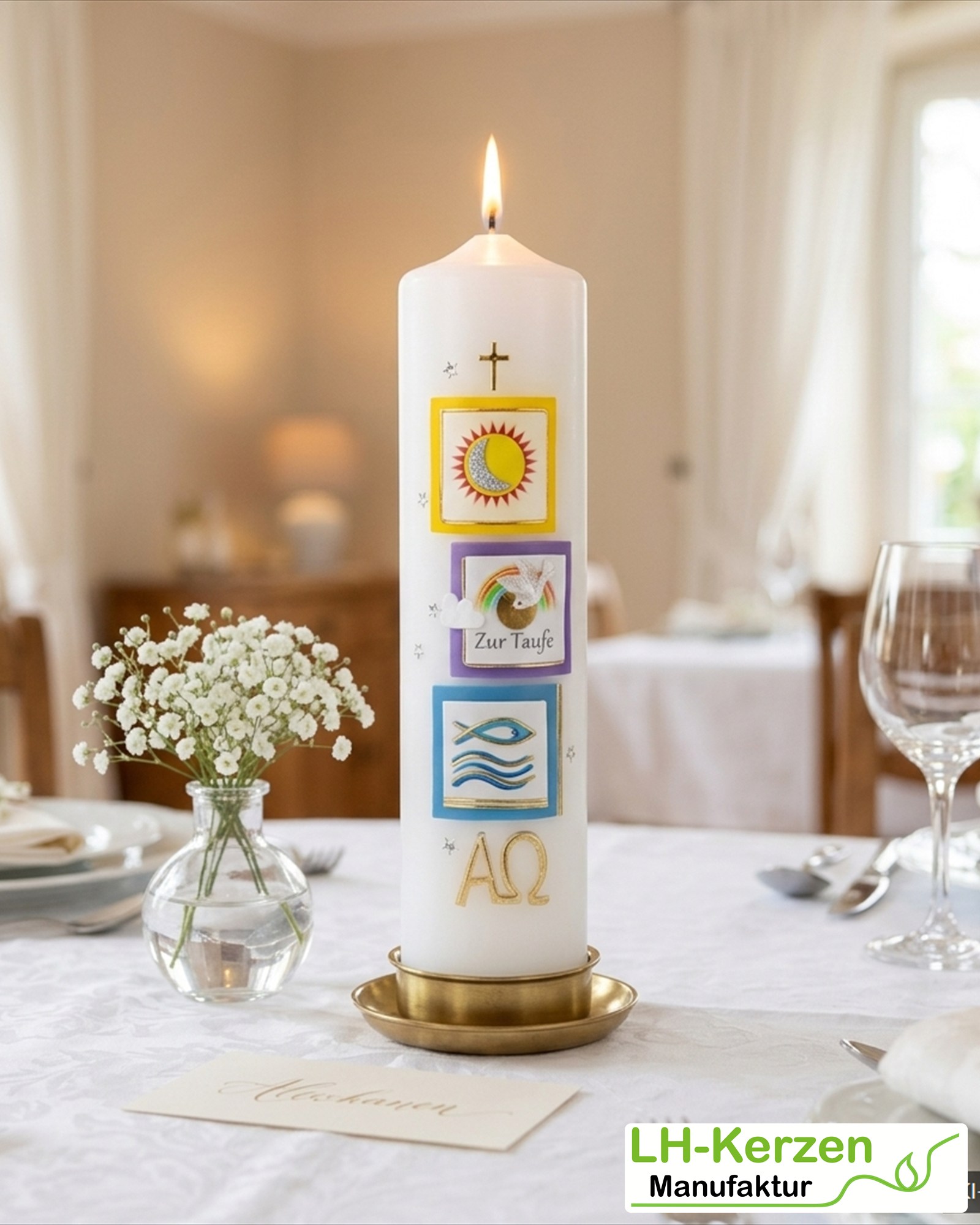 Taufkerze mit Regenbogen, Taube, Fisch & Sonne – personalisierbar