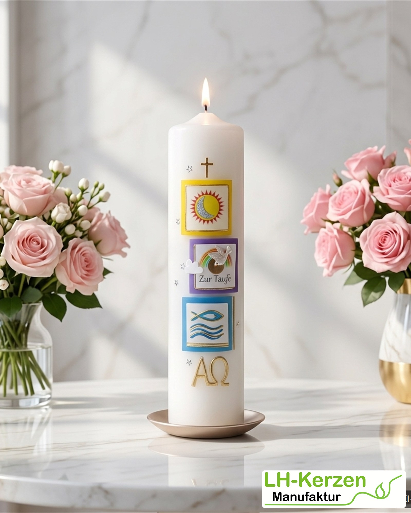 Taufkerze mit Regenbogen, Taube, Fisch & Sonne – personalisierbar