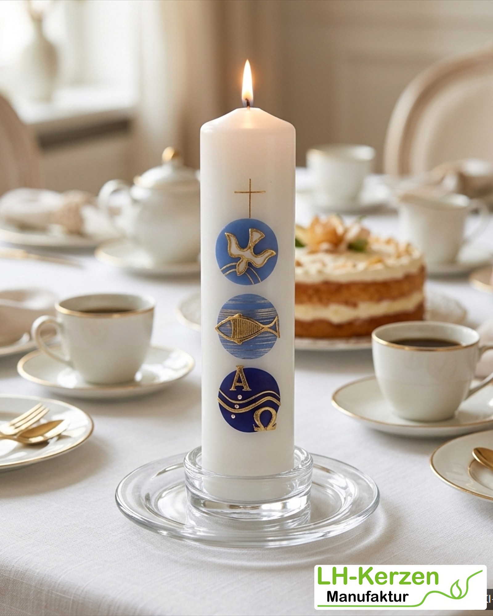 Taufkerze mit Taube, Fisch & Alpha Omega in Blau-Gold – personalisierbar