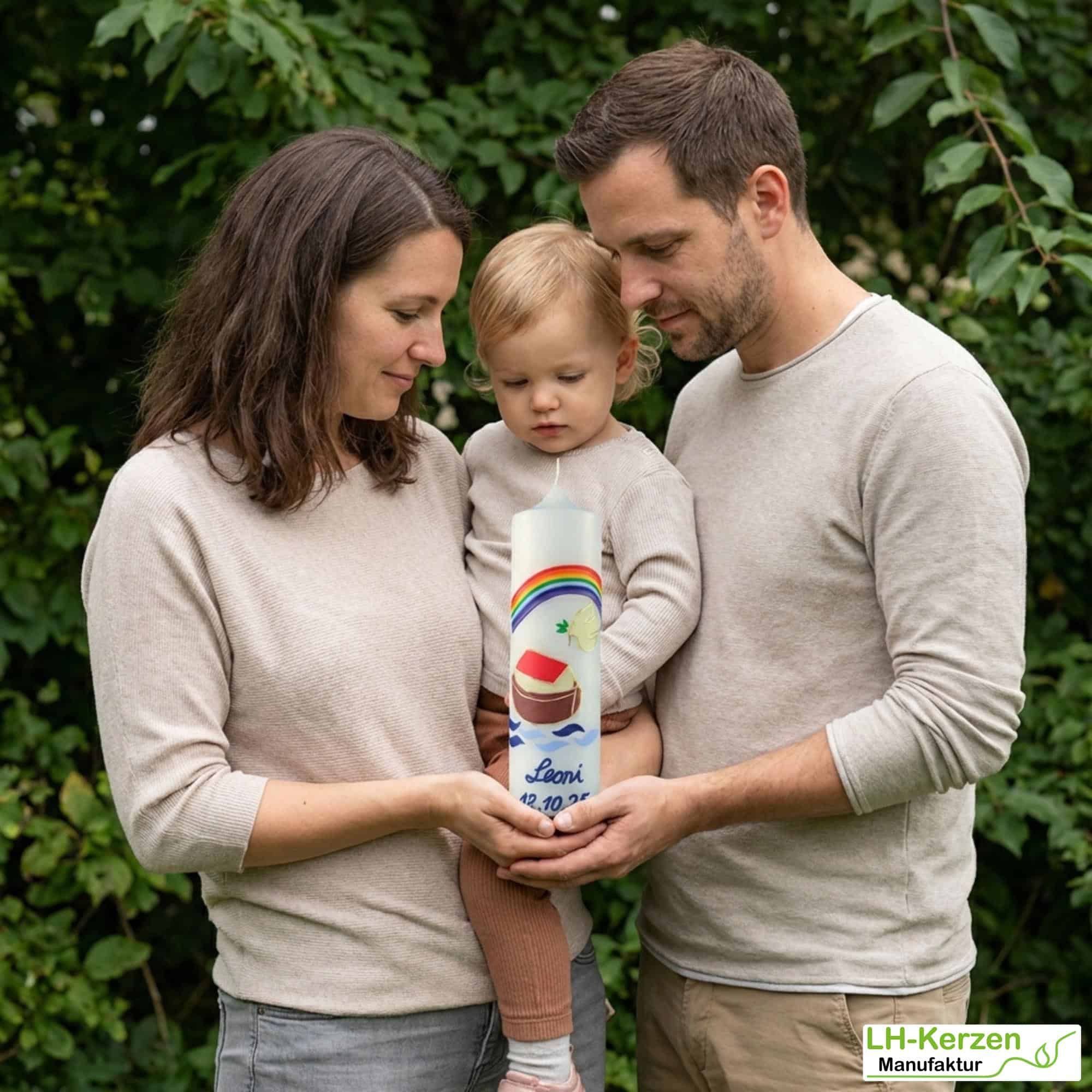 Taufkerze Arche Noah mit Regenbogen & Taube – Stumpenkerze, handverziert, personalisierbar