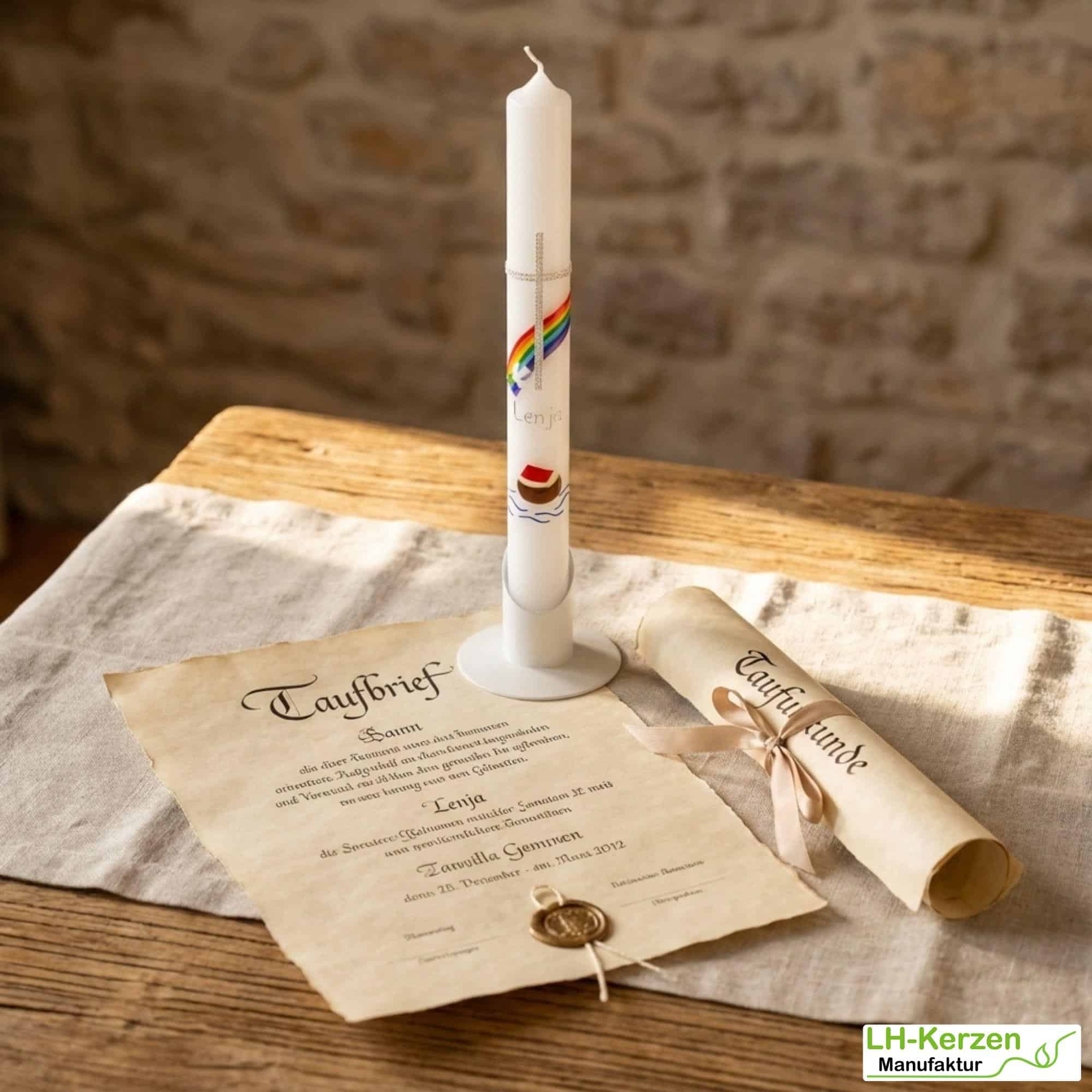 Schlanke Taufkerze Arche Noah mit Regenbogen, Kreuz und Taube, handverziert, personalisierbar