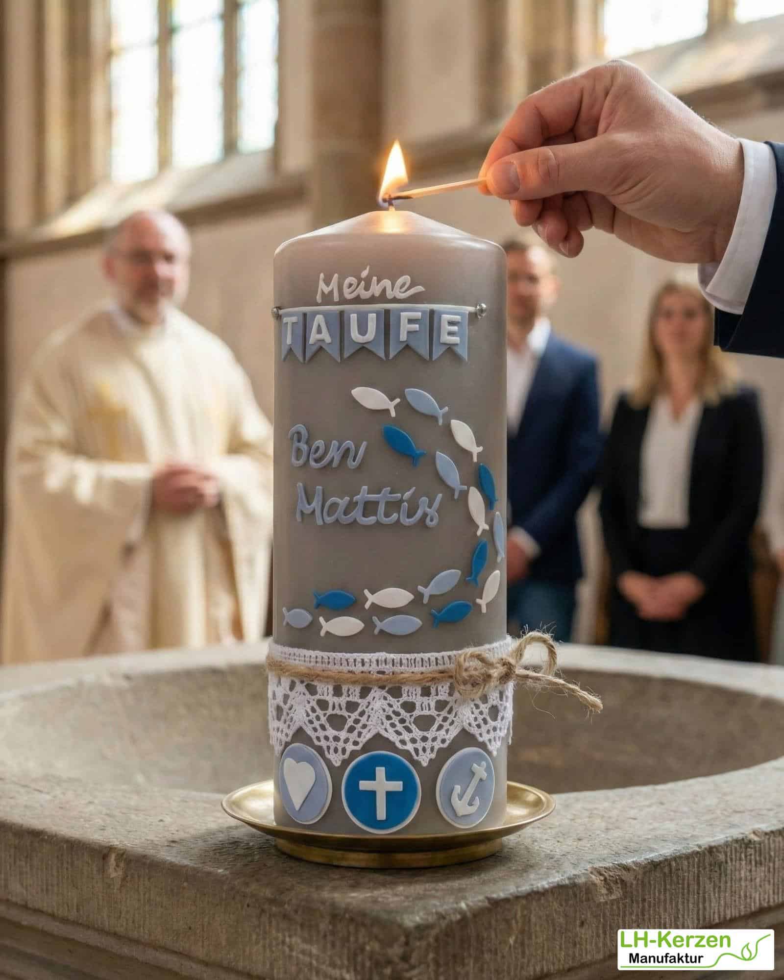 Taufkerze in taupe mit Fischen, Glaube Liebe Hoffnung und Klöppelspitze, Echtwachsbeschriftung