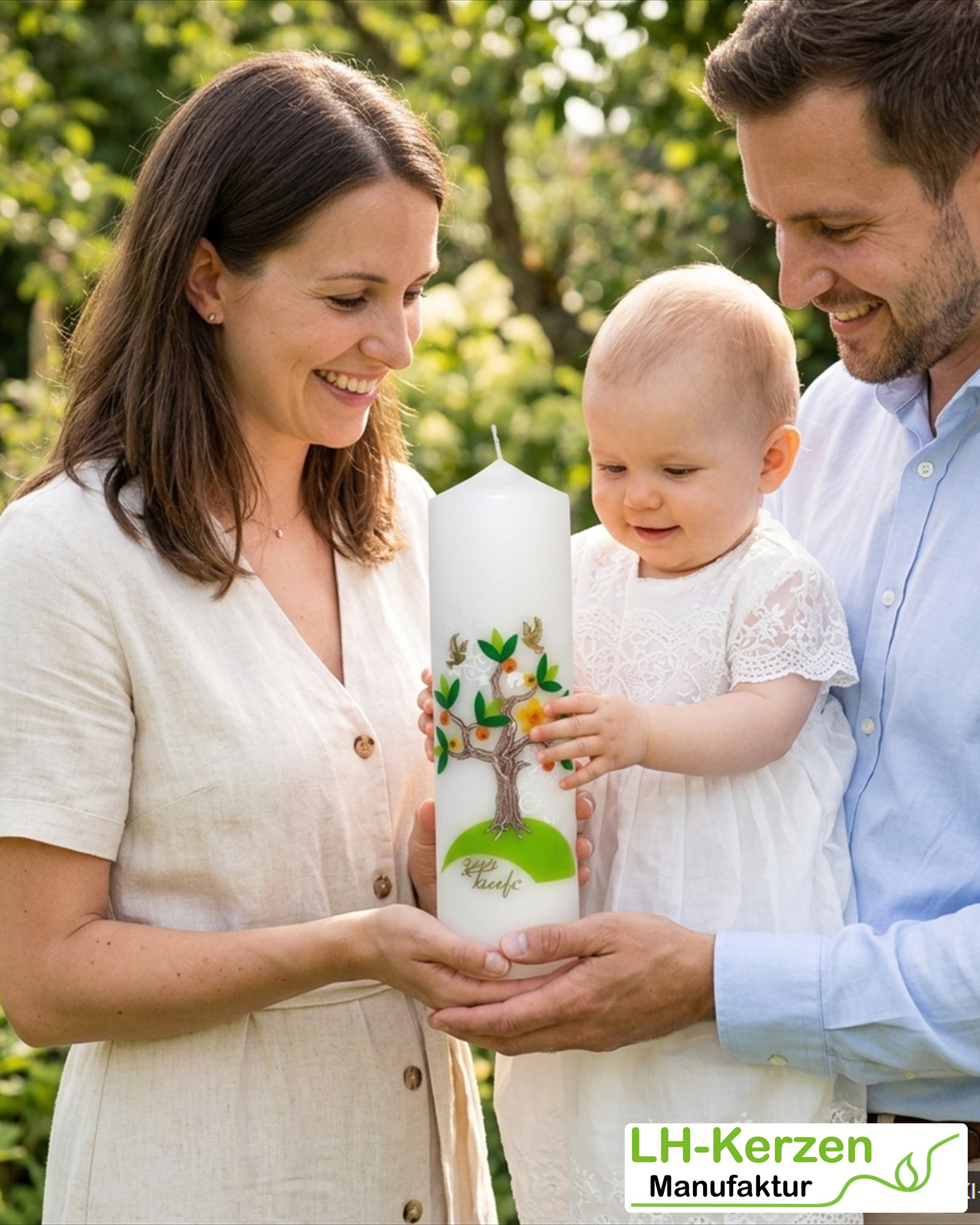 Taufkerze mit Lebensbaum, Blüten & Tauben – personalisierbar